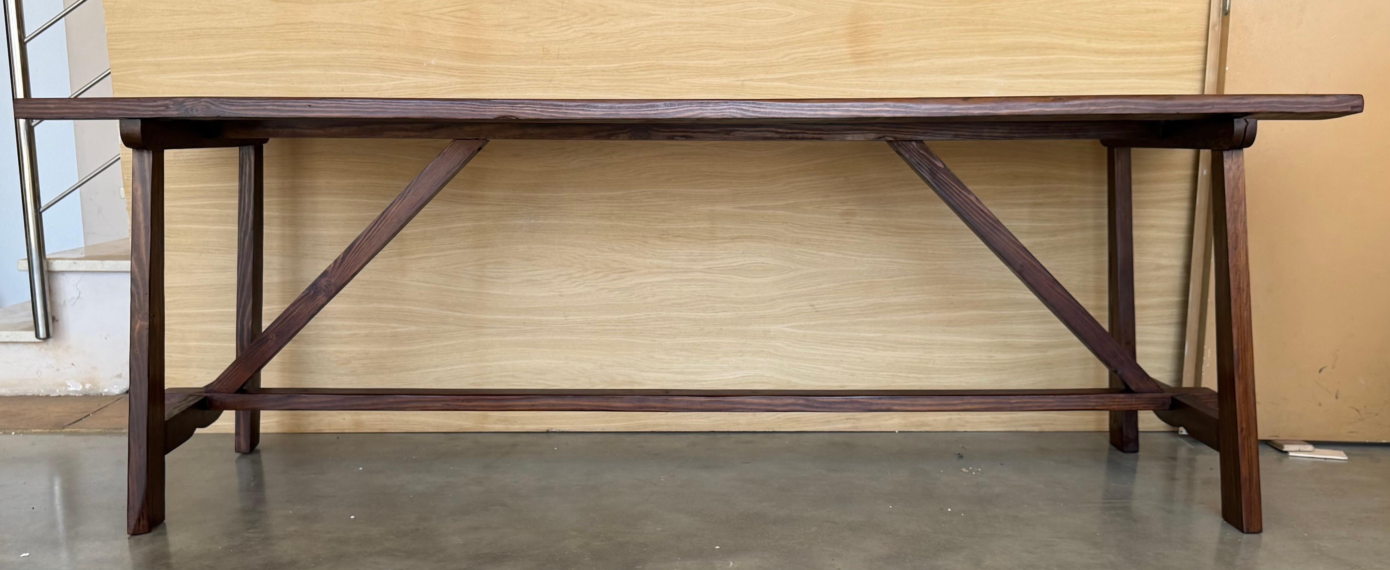 Baroque 19th Large Spanish Dining or Desk Table with Carved Legs and Wood Stretcher For Sale