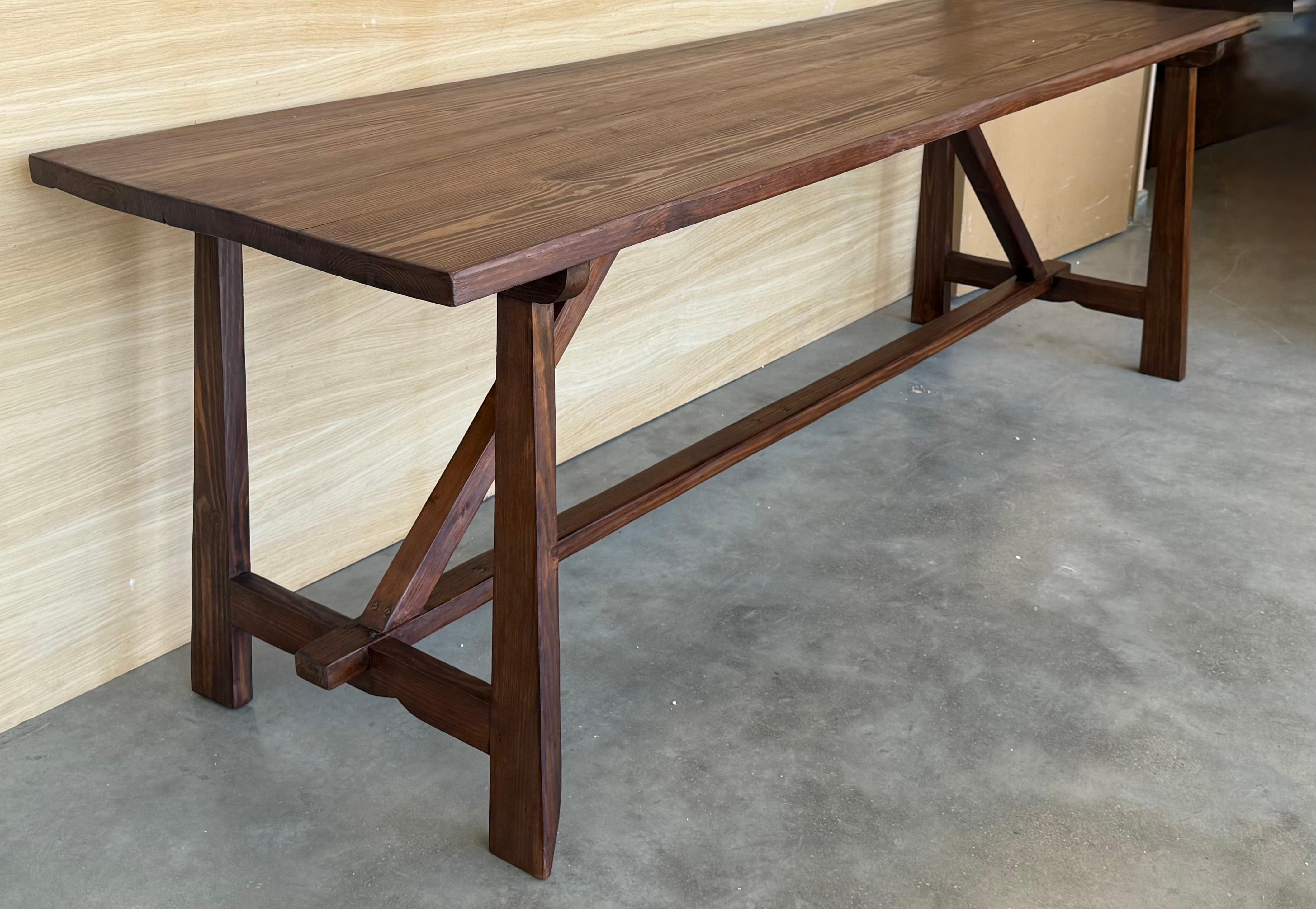 19th Century 19th Large Spanish Dining or Desk Table with Carved Legs and Wood Stretcher For Sale