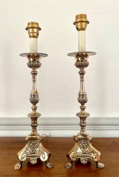 19th Louis XIV Style Pair of Church / Altar Candlesticks in Silver Metal / Lamp
