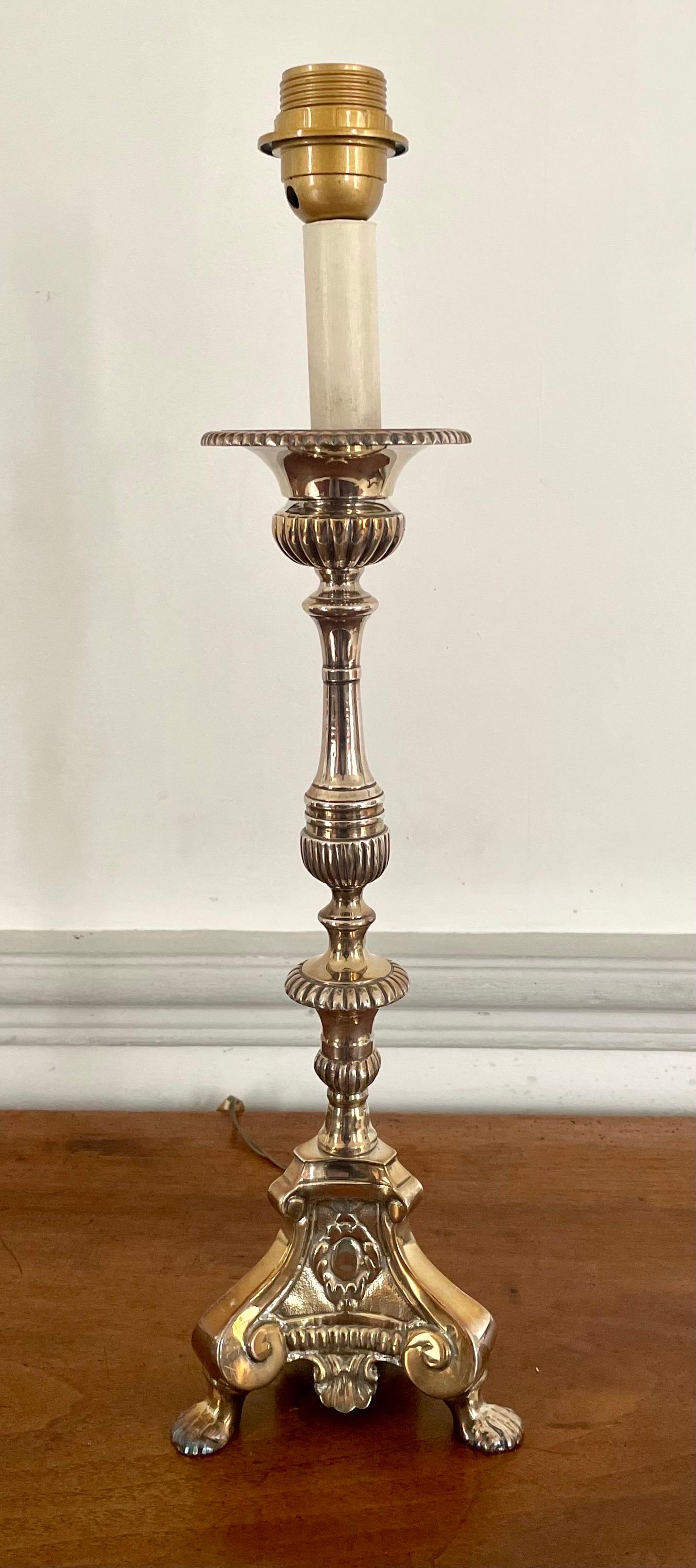 European 19th Louis XIV Style Pair of Church / Altar Candlesticks in Silver Metal / Lamp For Sale