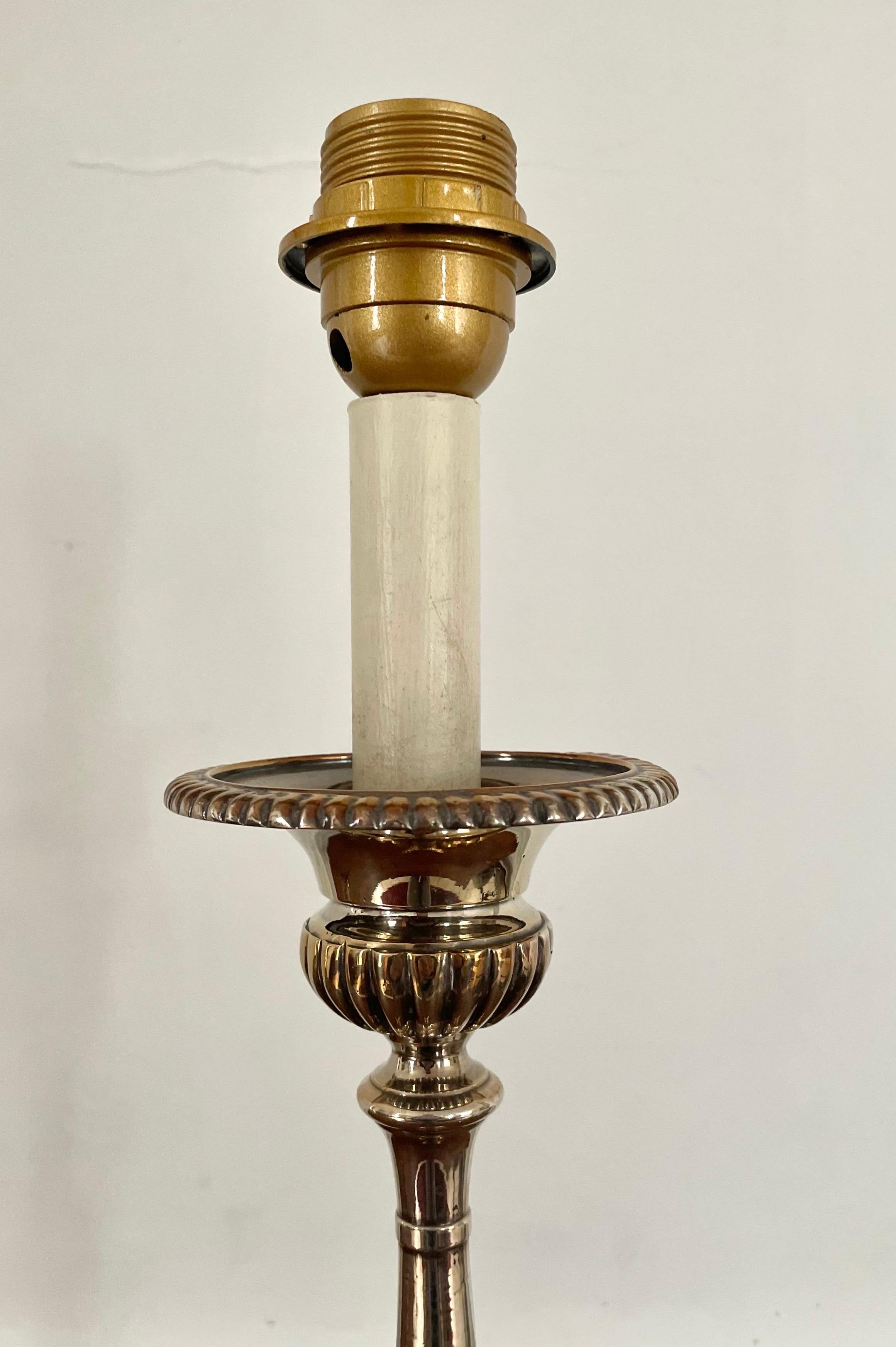 Silver Plate 19th Louis XIV Style Pair of Church / Altar Candlesticks in Silver Metal / Lamp For Sale