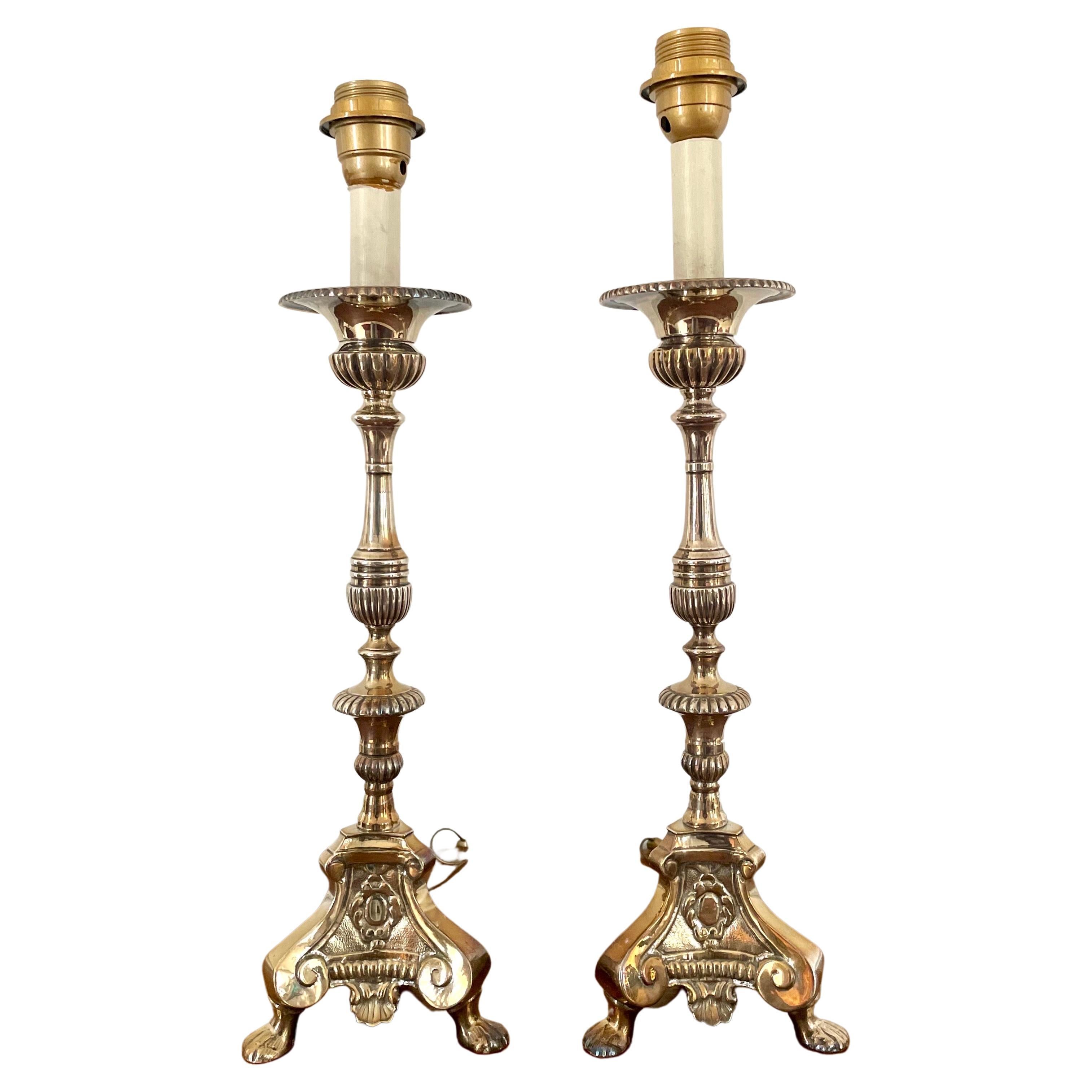 19th Louis XIV Style Pair of Church / Altar Candlesticks in Silver Metal / Lamp
