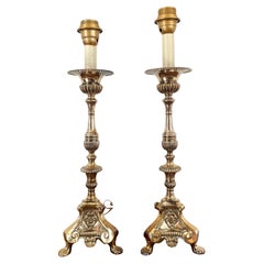 Used 19th Louis XIV Style Pair of Church / Altar Candlesticks in Silver Metal / Lamp