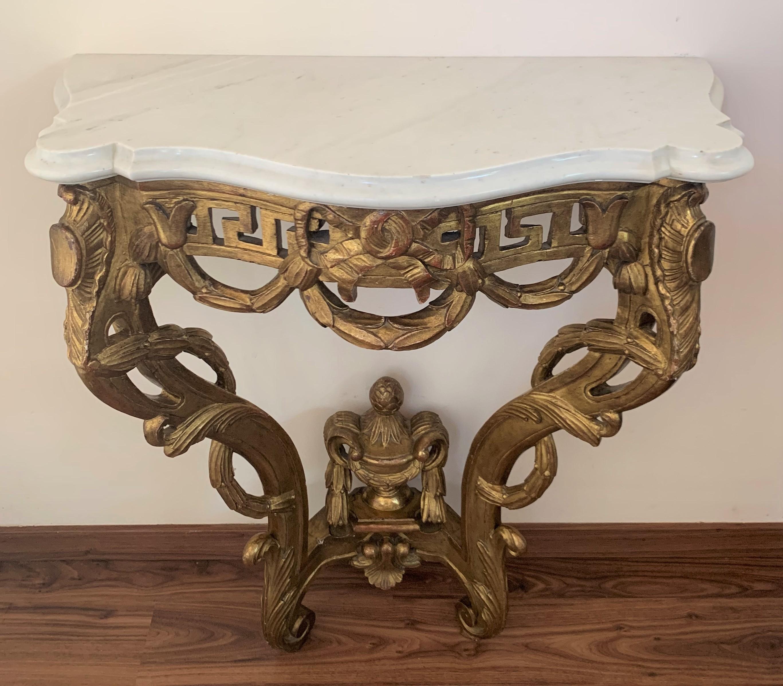 French 19th Louis XV Giltwood High Console Table with Carrara Marble Top