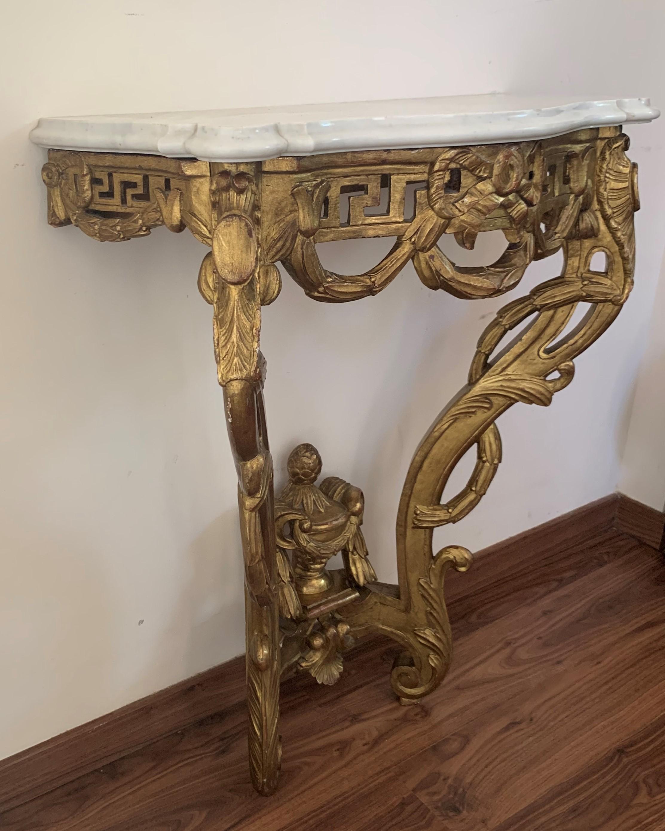19th Louis XV Giltwood High Console Table with Carrara Marble Top In Good Condition In Miami, FL