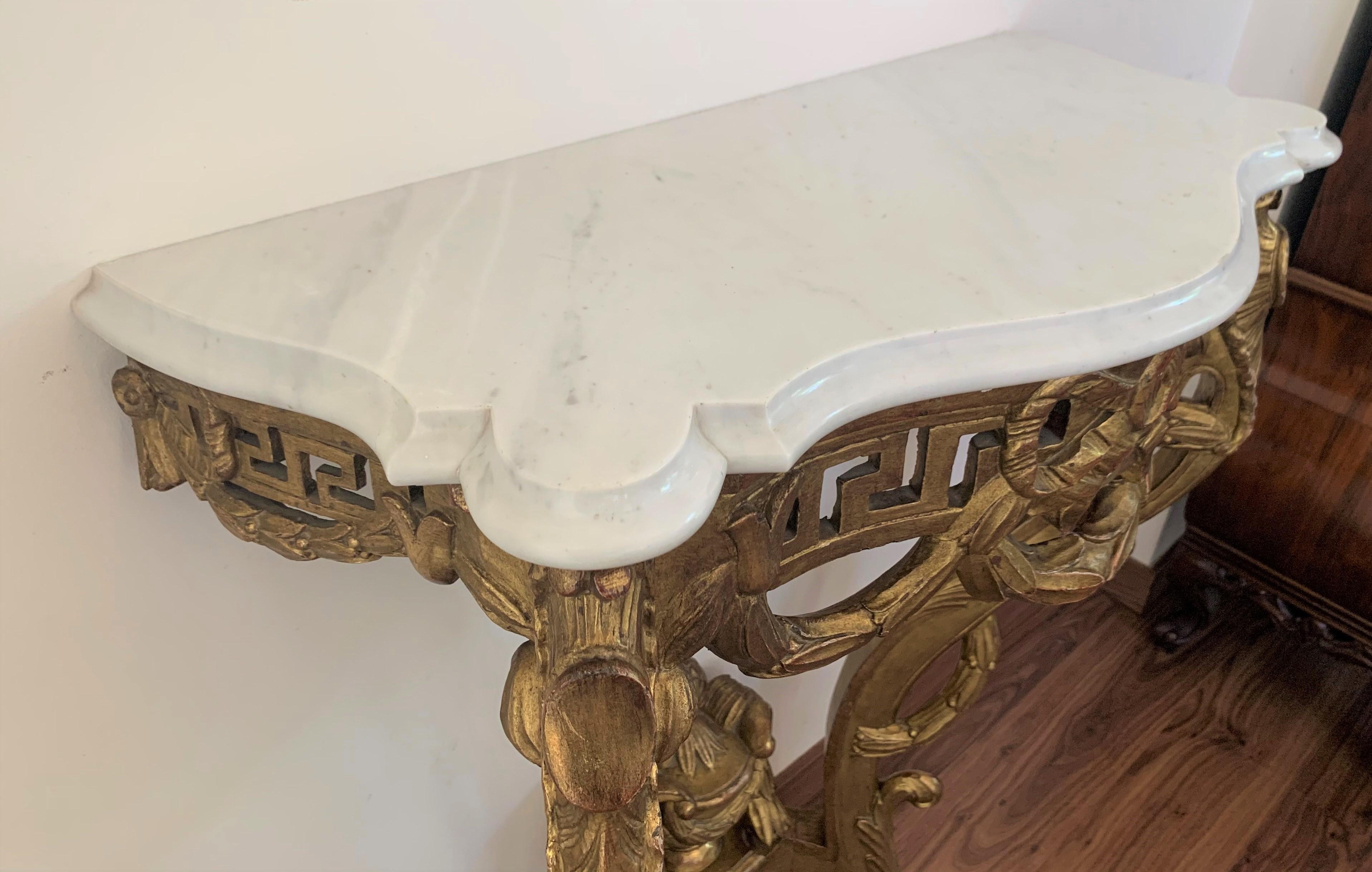 19th Louis XV Giltwood High Console Table with Carrara Marble Top 1