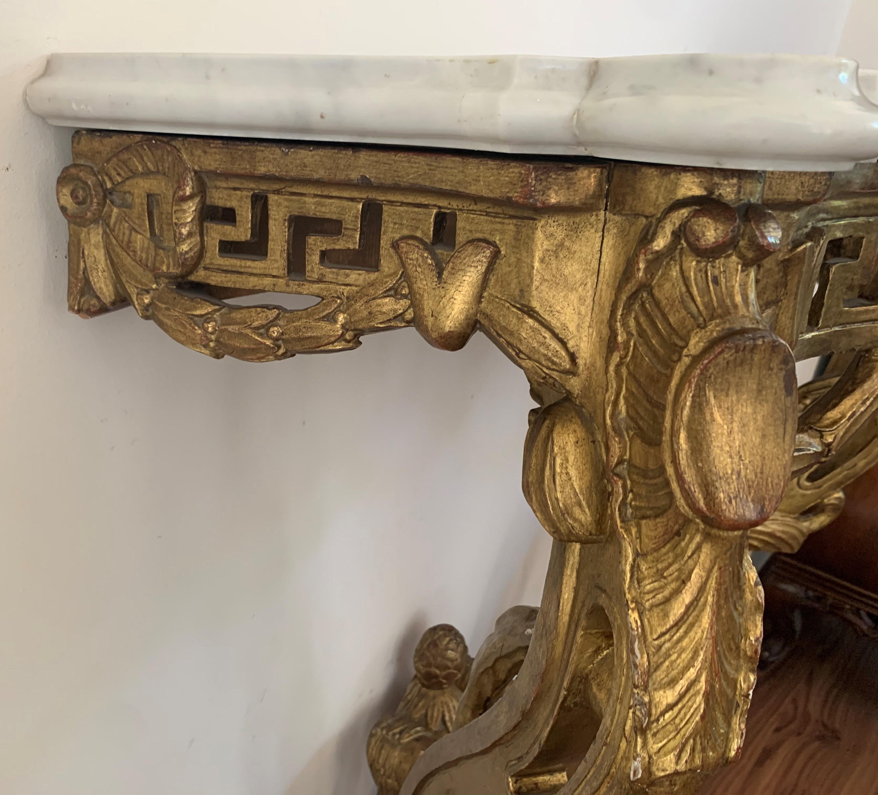 19th Louis XV Giltwood High Console Table with Carrara Marble Top 2