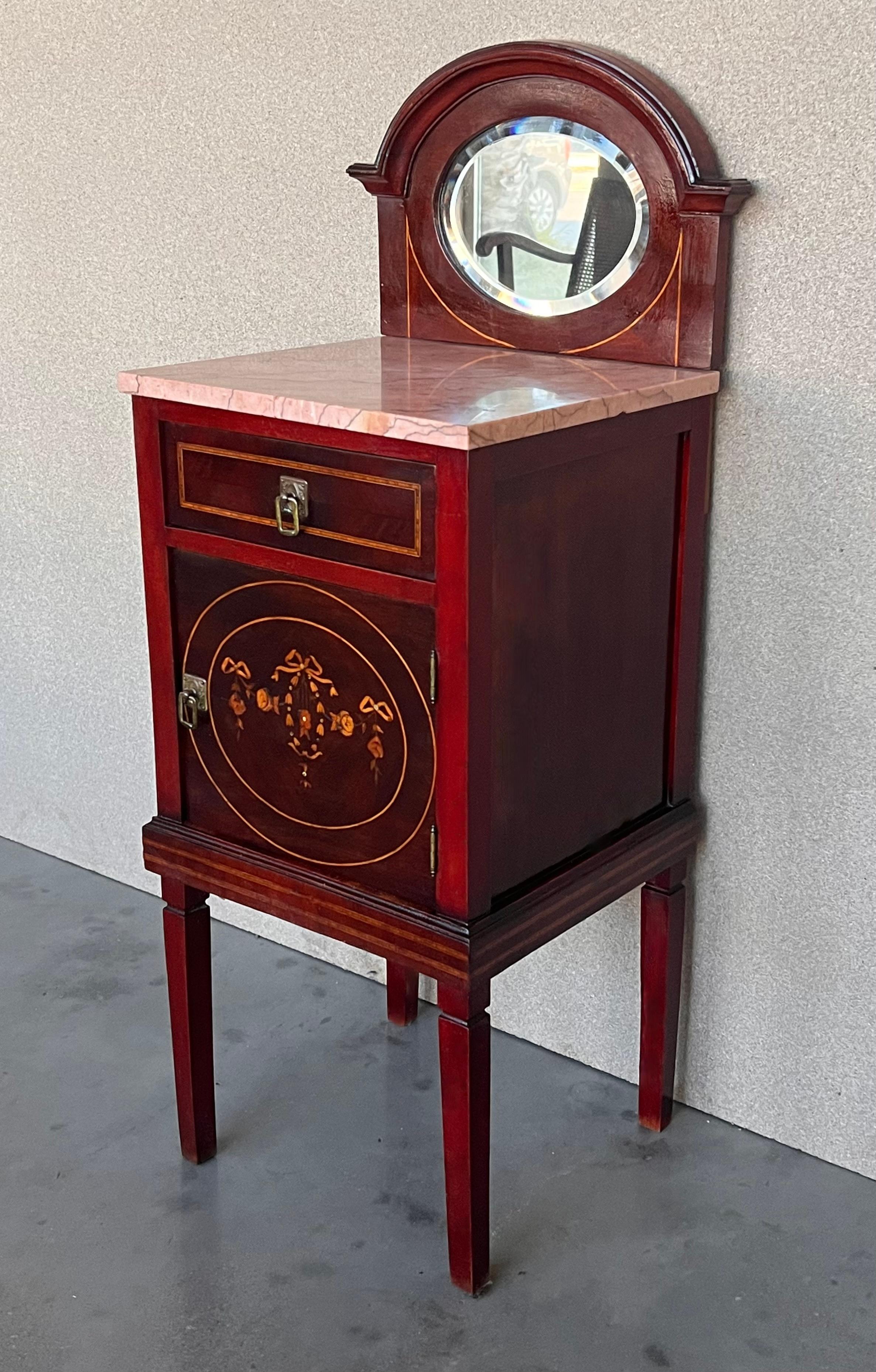 French 19th Louis XVI Style Marquetry Nightstands with Bronze Hardware and Mirror For Sale