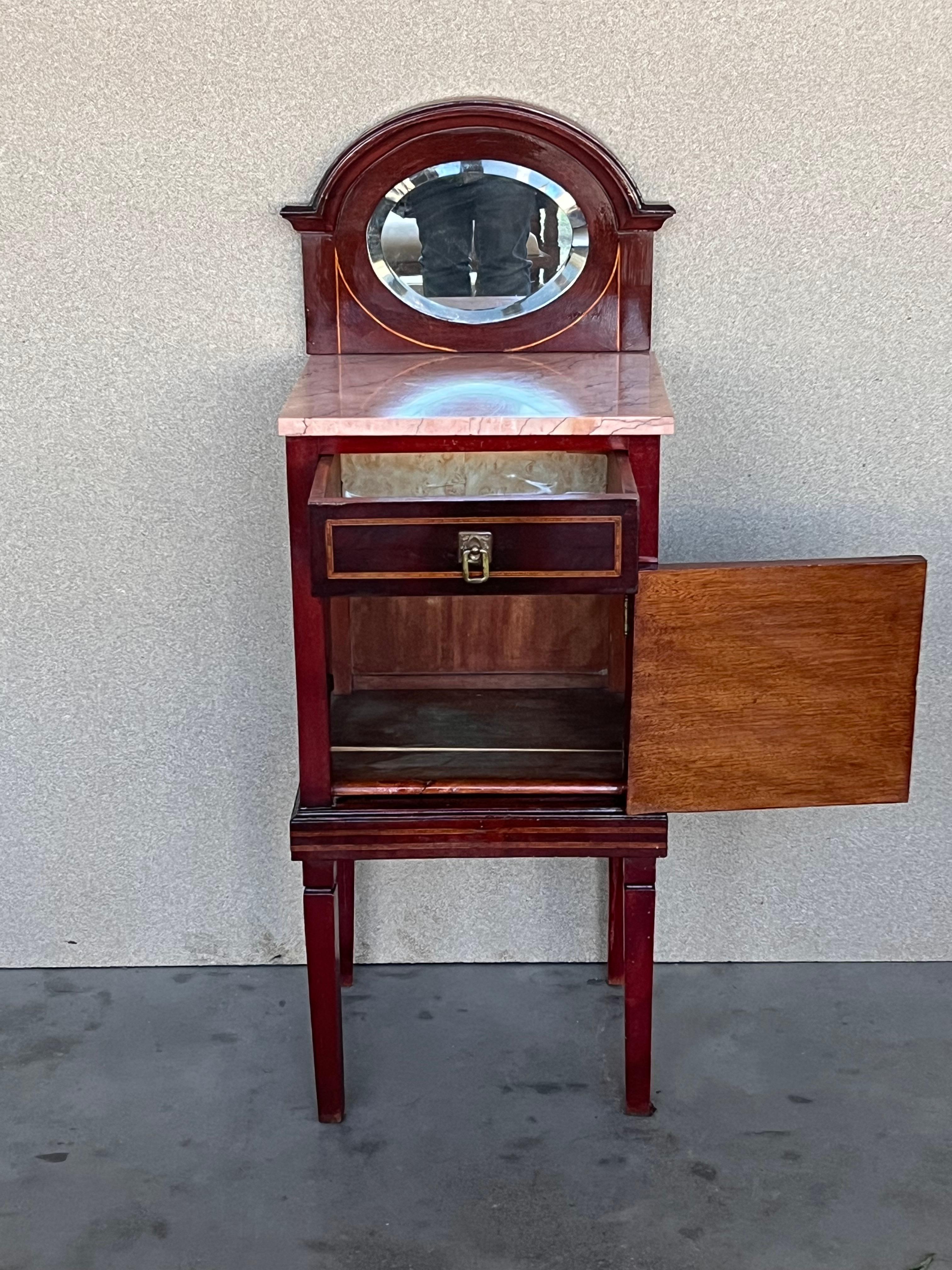 19th Louis XVI Style Marquetry Nightstands with Bronze Hardware and Mirror In Good Condition For Sale In Miami, FL