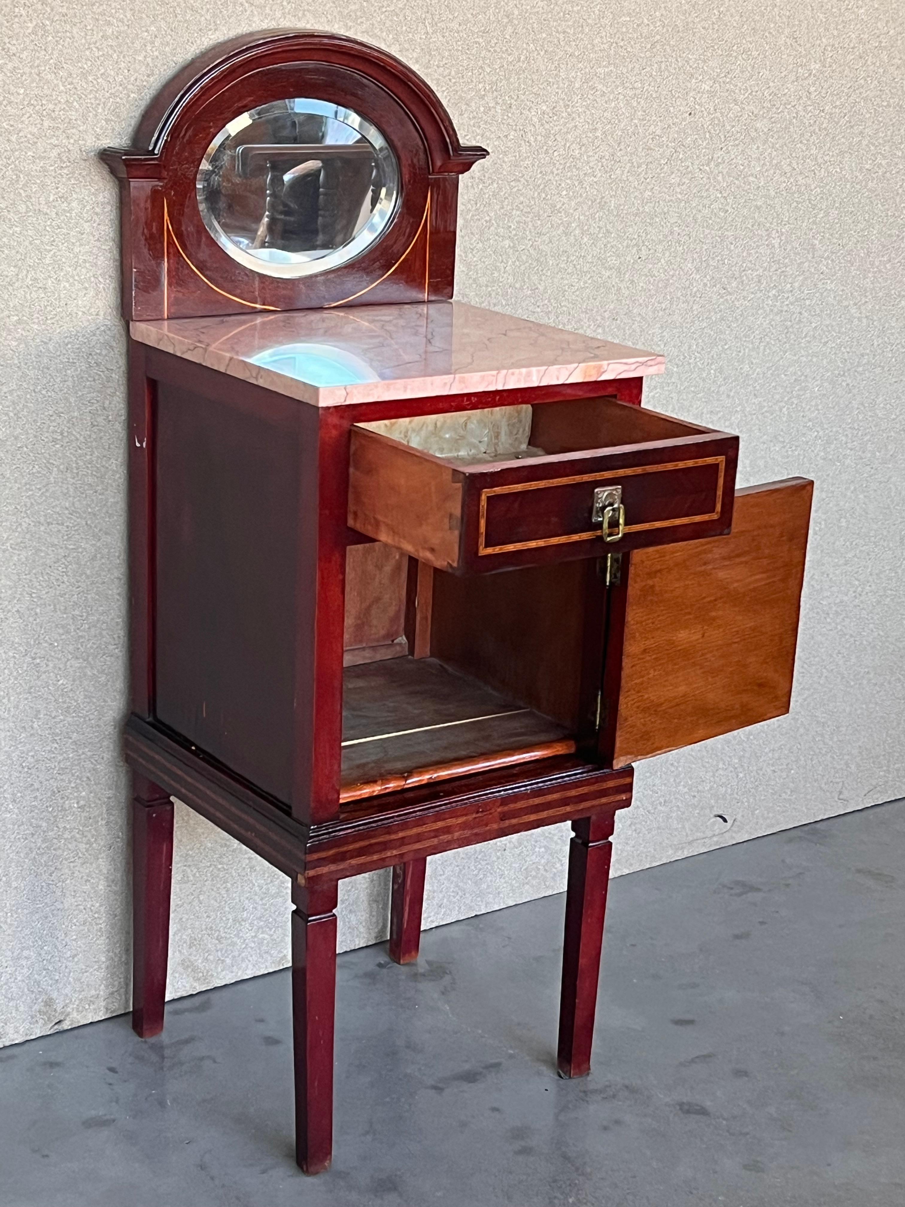 19th Century 19th Louis XVI Style Marquetry Nightstands with Bronze Hardware and Mirror For Sale