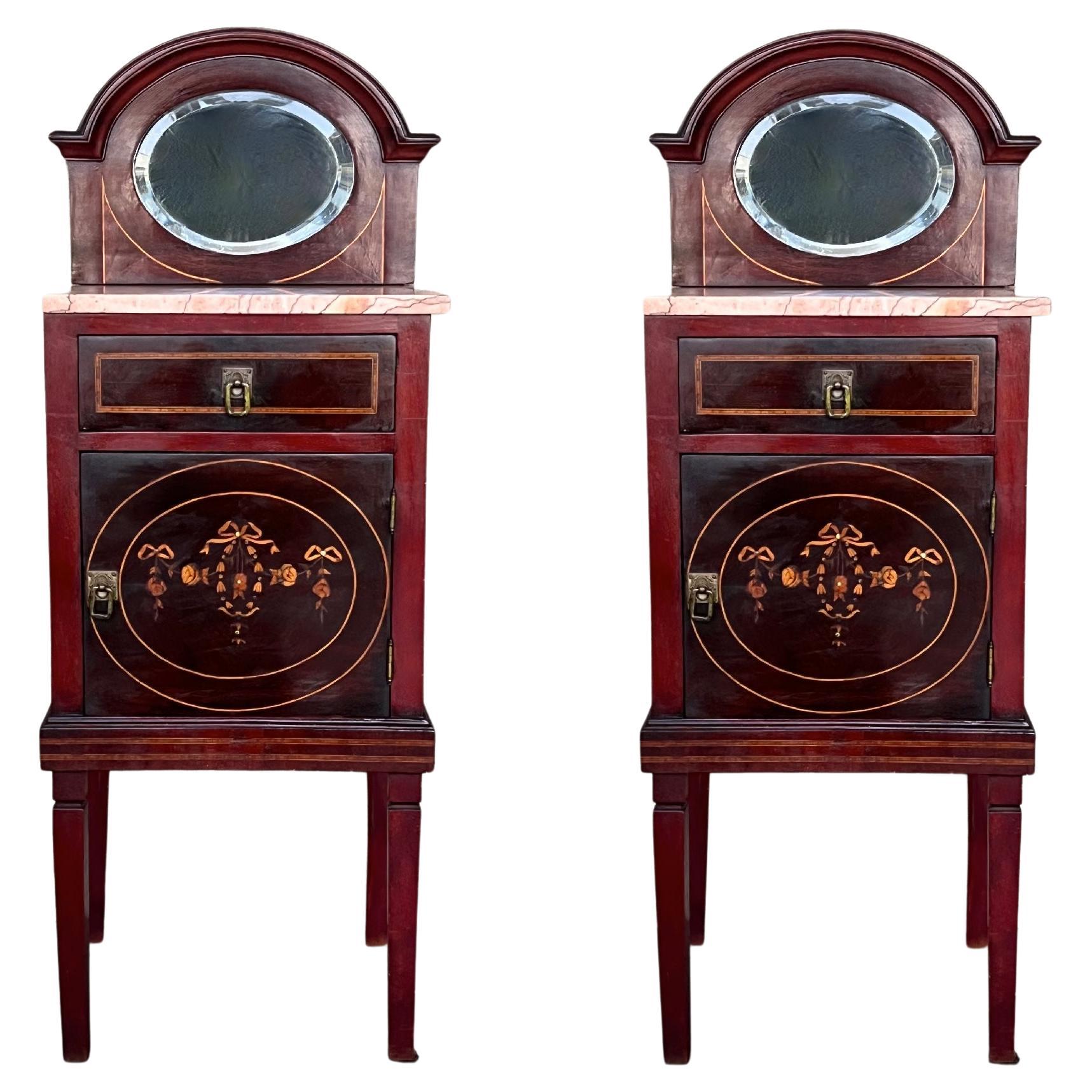 19th Louis XVI Style Marquetry Nightstands with Bronze Hardware and Mirror