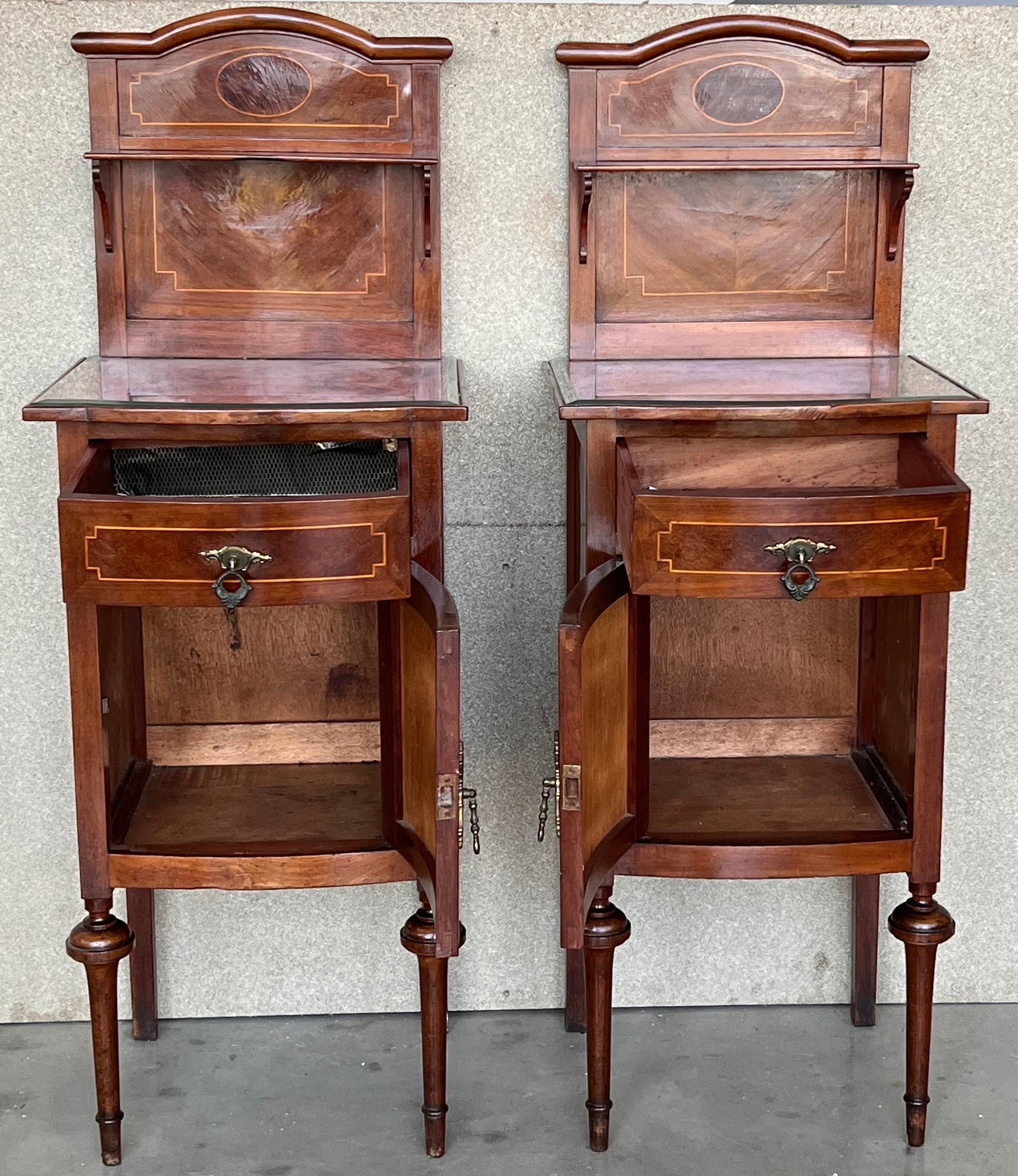 19th Century 19th Louis XVI Style Pair of Marquetry Nightstands with Bronze Hardware