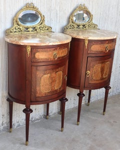 19th Louis XVI Style Pair of Marquetry Nightstands with Bronze & Mirror Crest