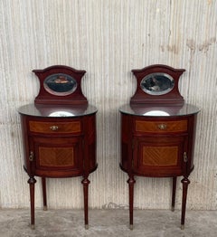 19th Louis XVI Style Pair of Marquetry Nightstands with Bronze & Mirror Crest
