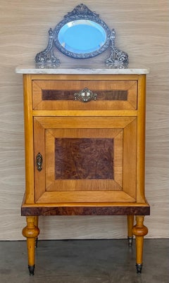 19th Louis XVI Style Pair of Marquetry Nightstands with Bronze & Mirror Crest