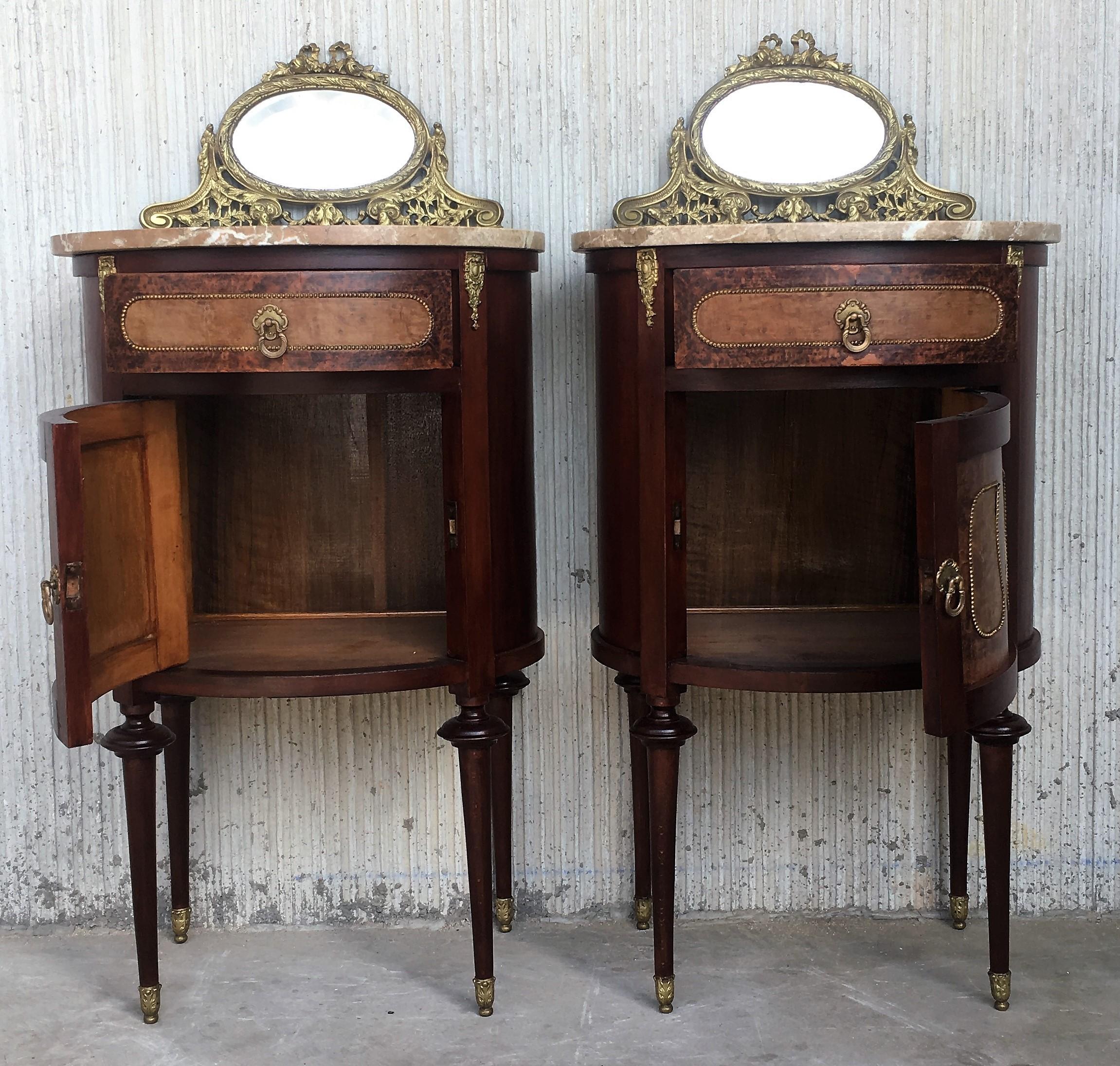 French 19th Louis XVI Style Pair of Marquetry Nightstands with Bronze & Mirror Crest