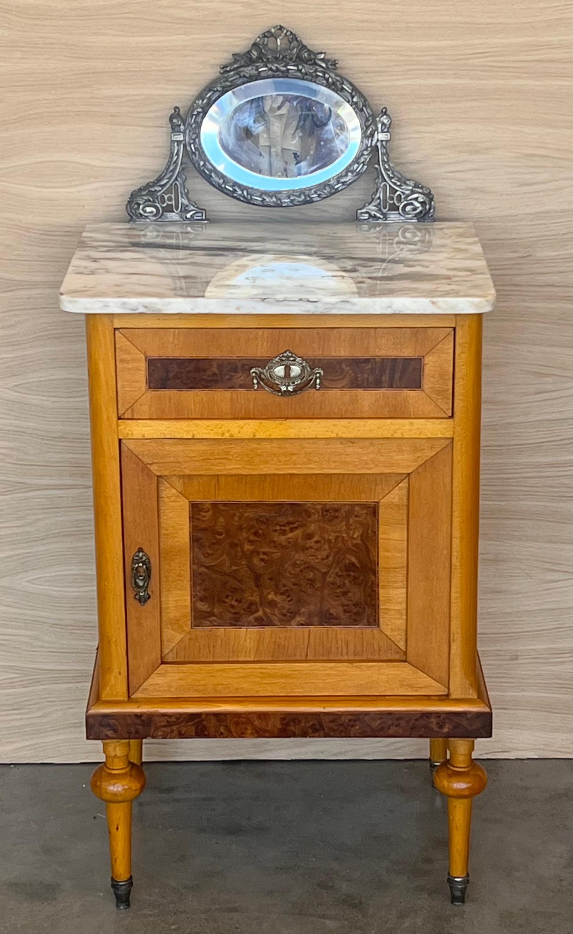 French 19th Louis XVI Style Pair of Marquetry Nightstands with Bronze & Mirror Crest For Sale