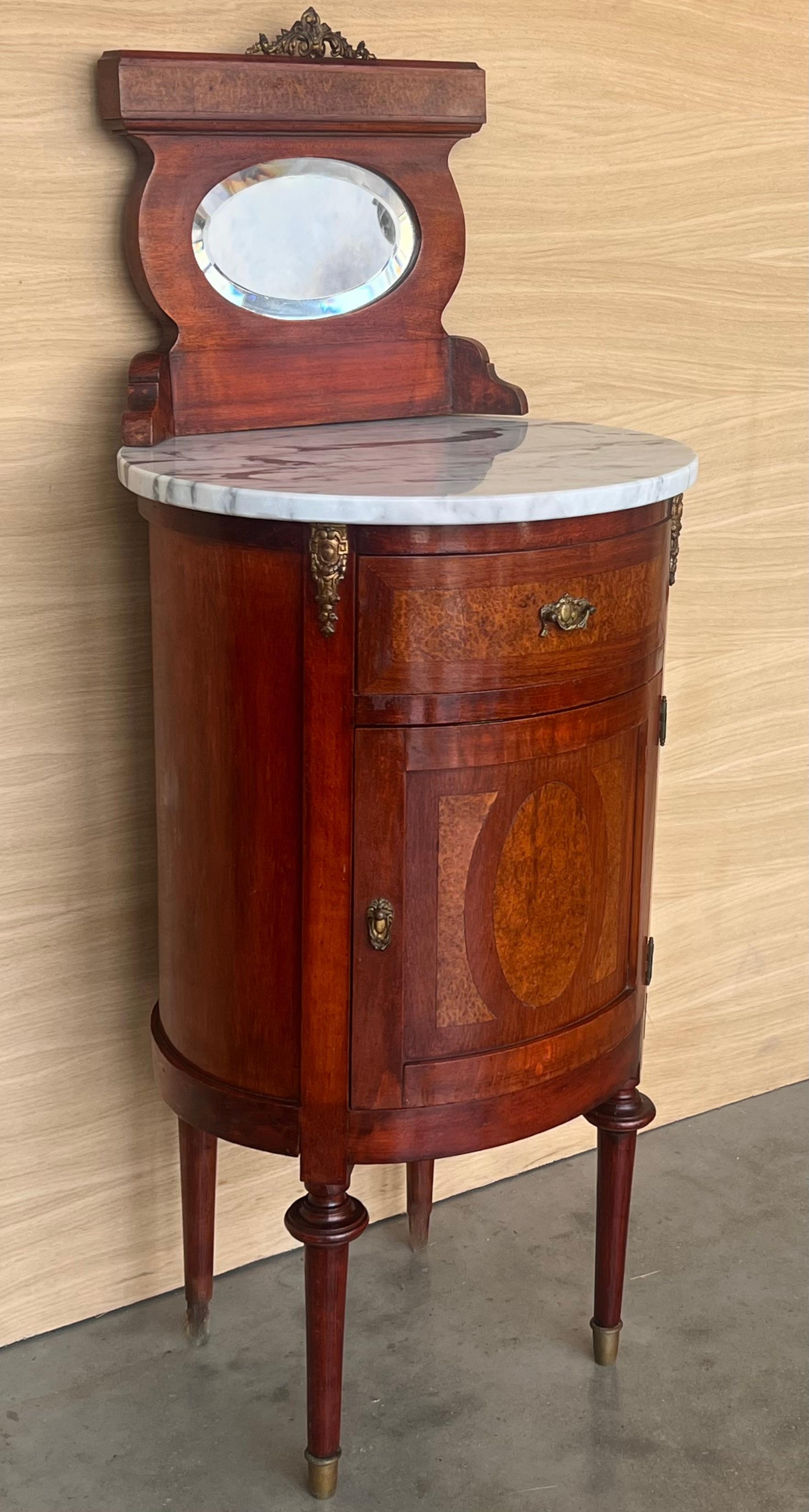 French 19th Louis XVI Style Pair of Marquetry Nightstands with Bronze & Mirror Crest For Sale