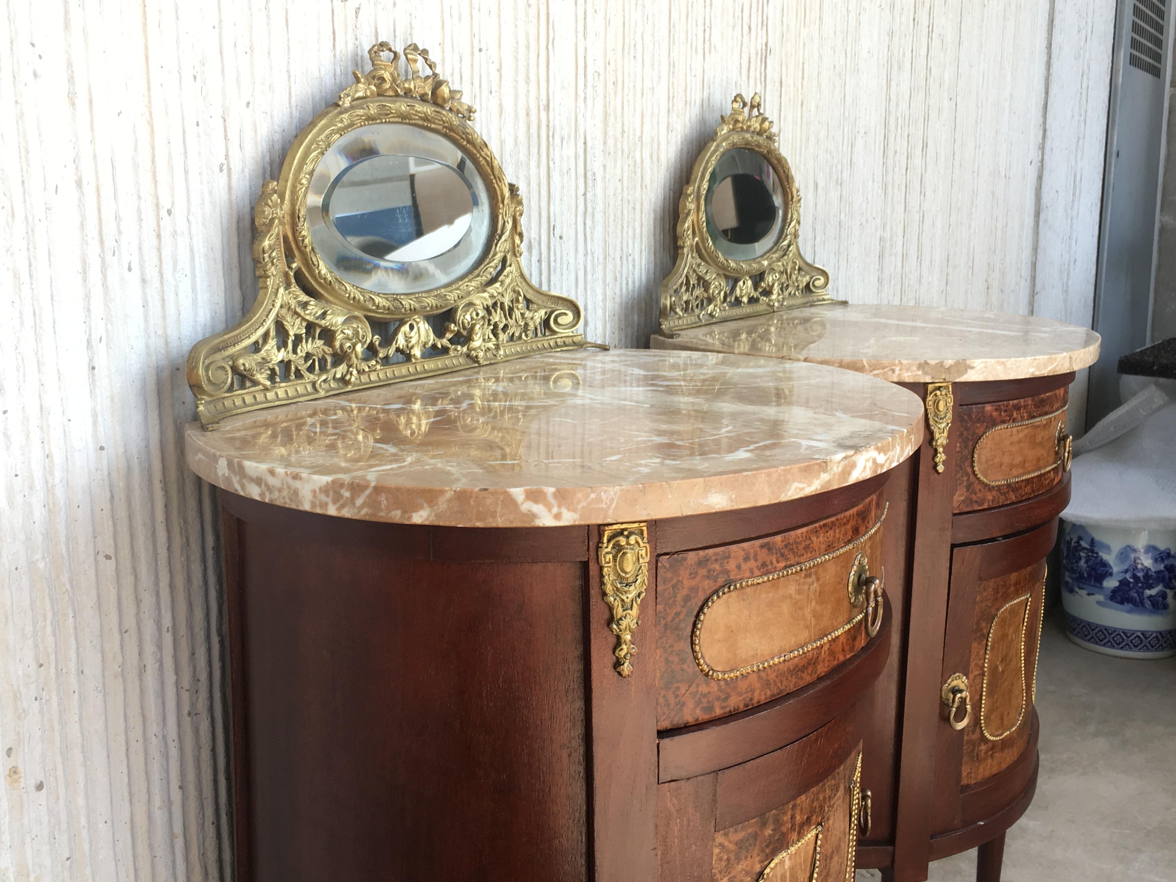 Inlay 19th Louis XVI Style Pair of Marquetry Nightstands with Bronze & Mirror Crest