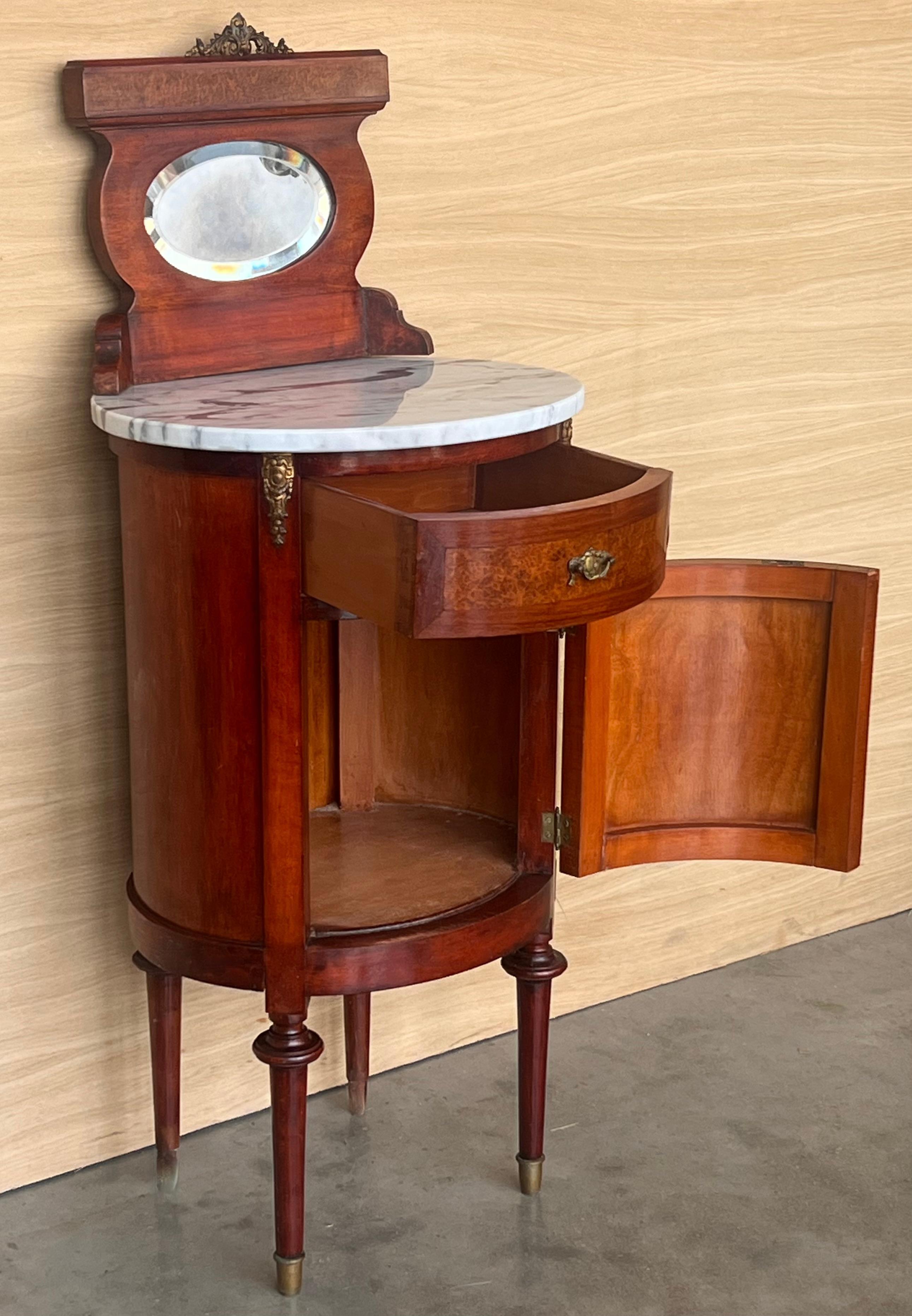 19th Century 19th Louis XVI Style Pair of Marquetry Nightstands with Bronze & Mirror Crest For Sale
