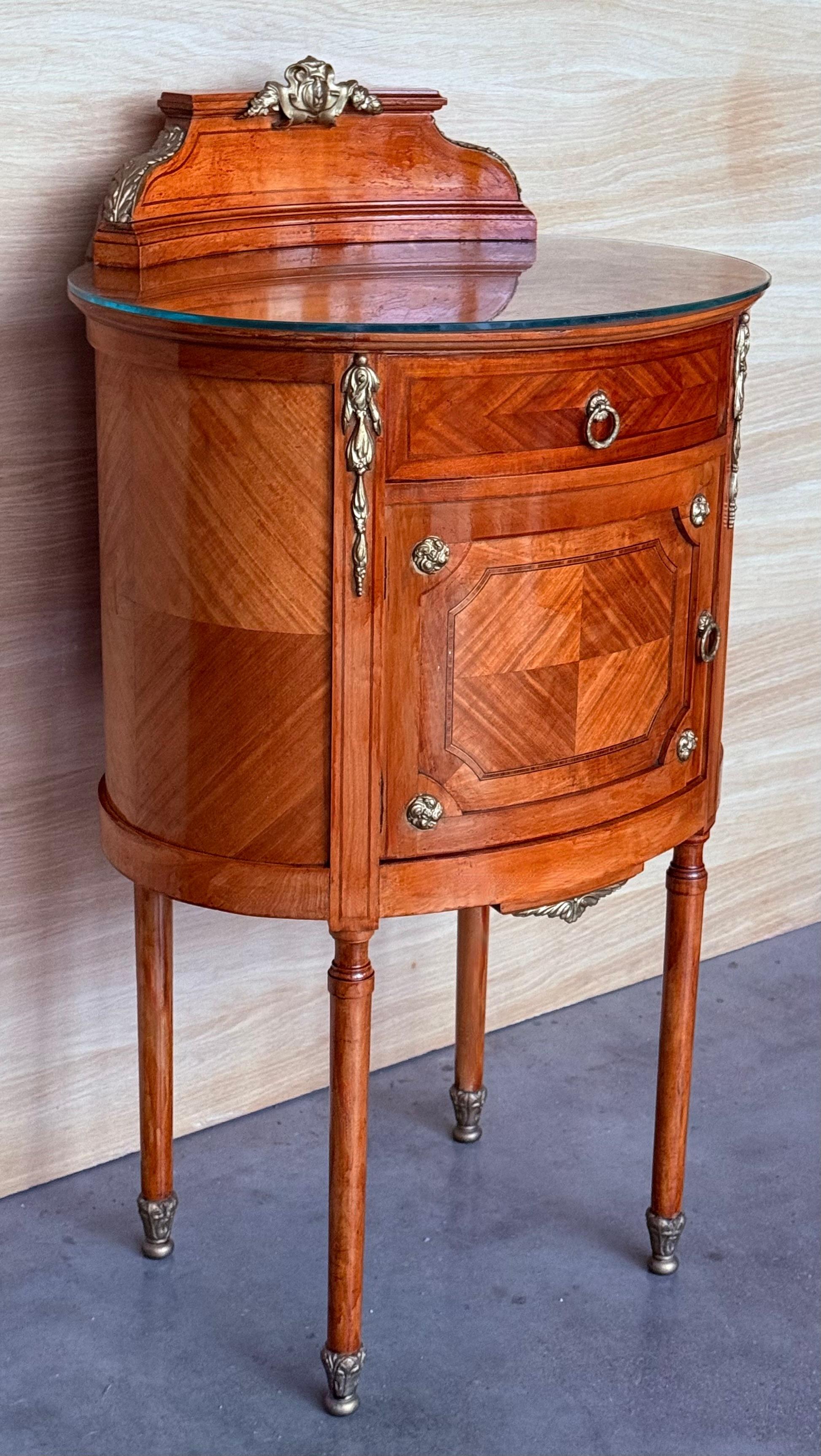 19th Century 19th Louis XVI Style Pair of Marquetry Nightstands with Bronze & Mirror Crest For Sale
