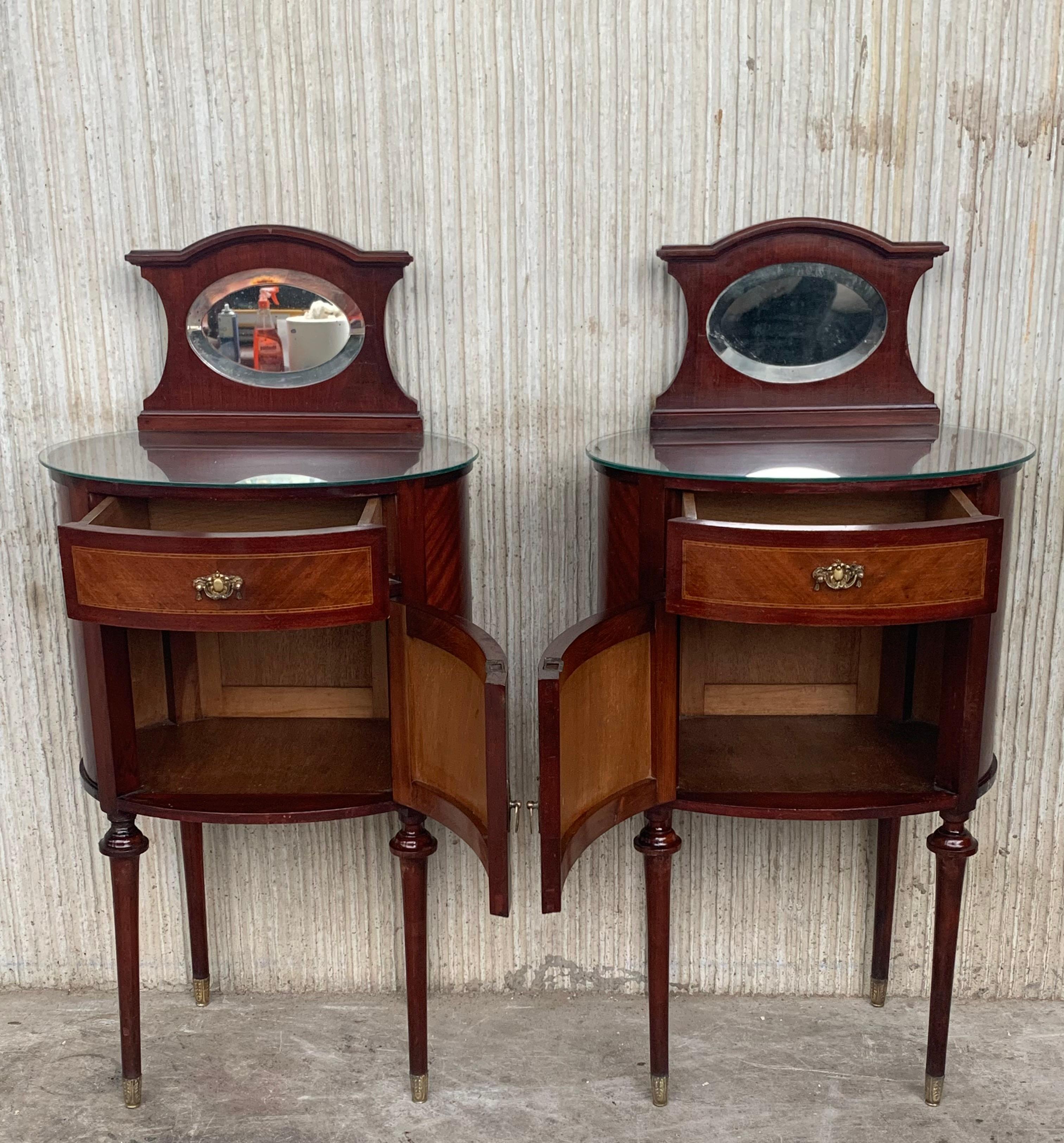 19th Century 19th Louis XVI Style Pair of Marquetry Nightstands with Bronze & Mirror Crest For Sale