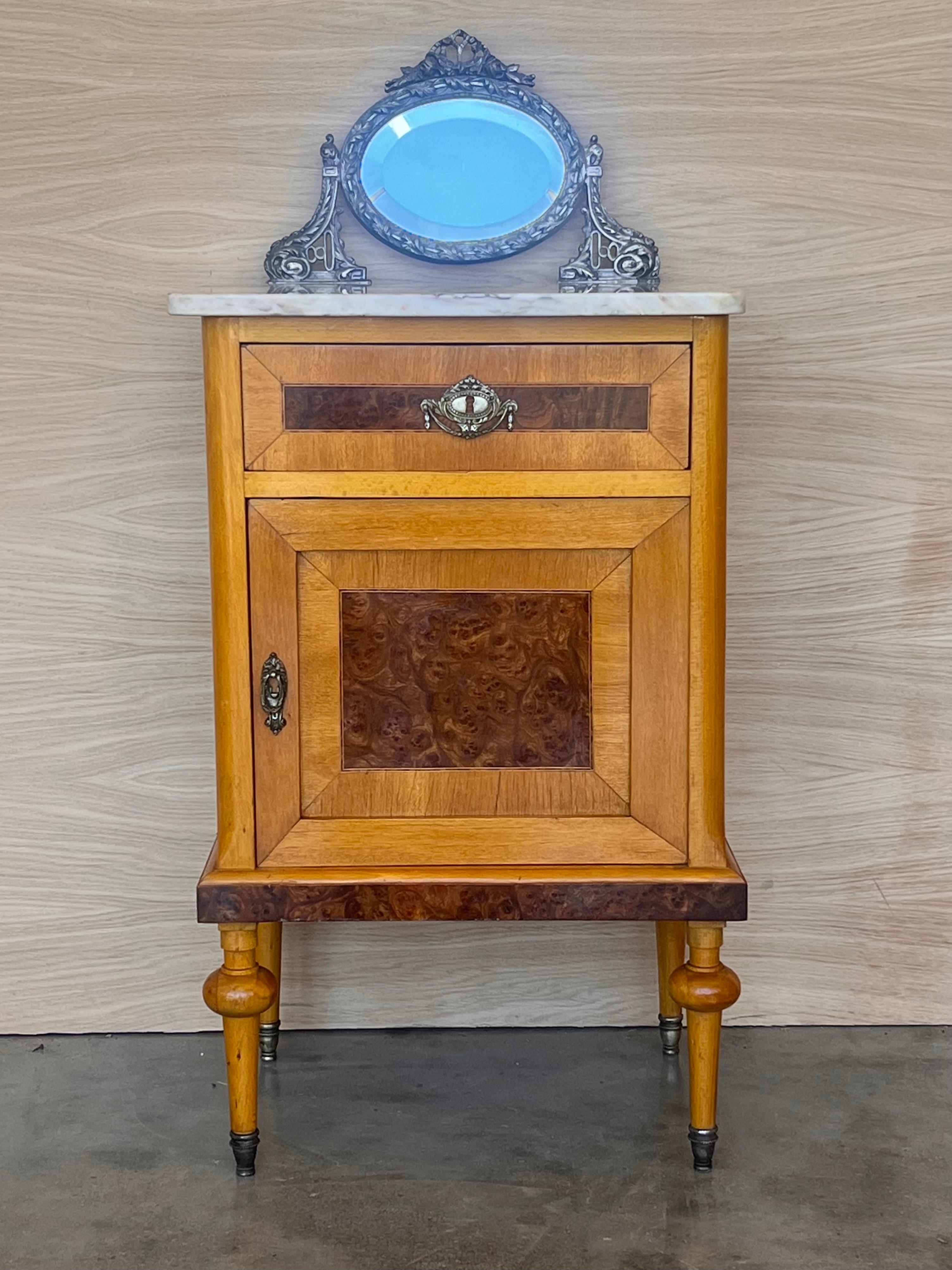 Wood 19th Louis XVI Style Pair of Marquetry Nightstands with Bronze & Mirror Crest For Sale