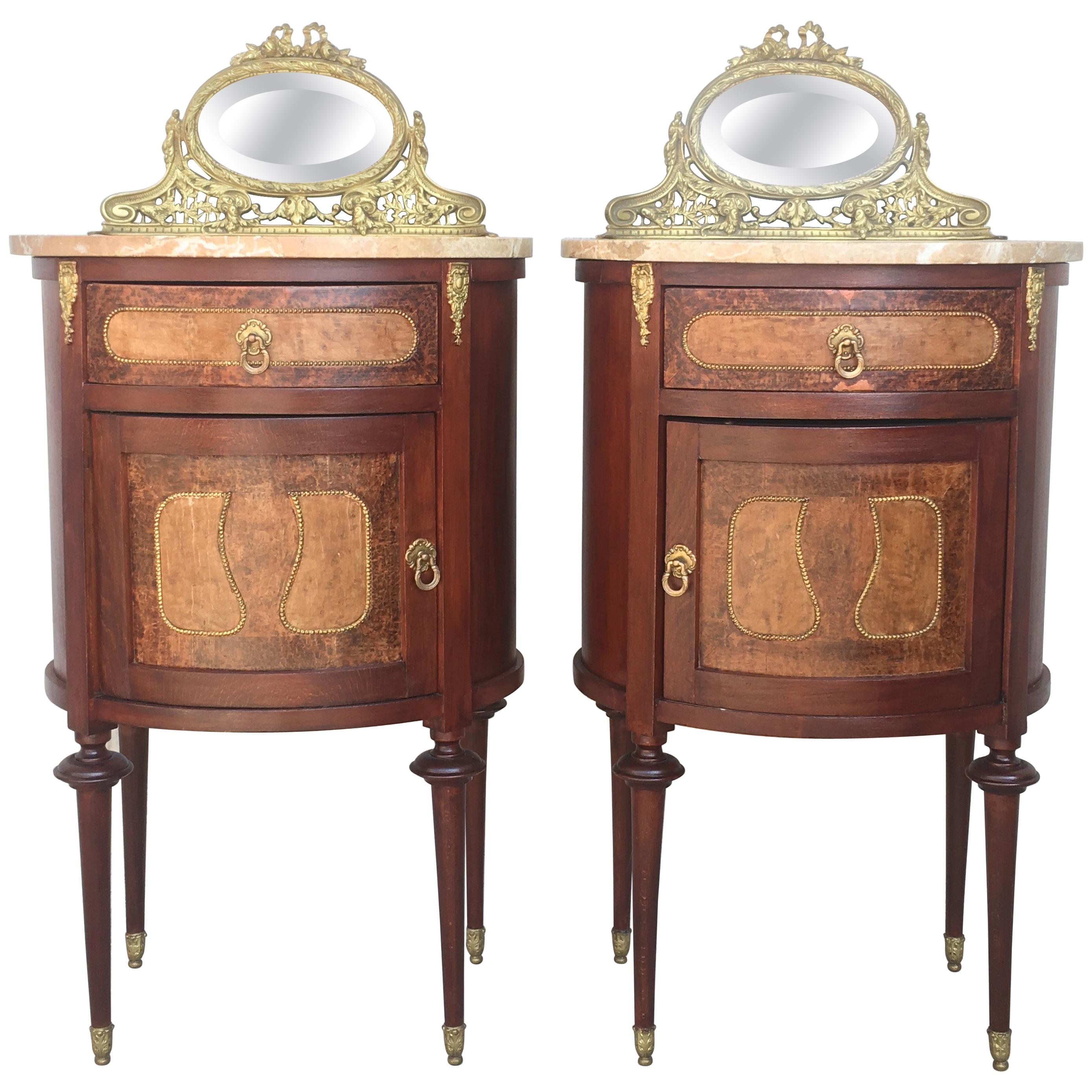 19th Louis XVI Style Pair of Marquetry Nightstands with Bronze & Mirror Crest