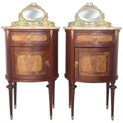 Antique 19th Louis XVI Style Pair of Marquetry Nightstands with Bronze & Mirror Crest