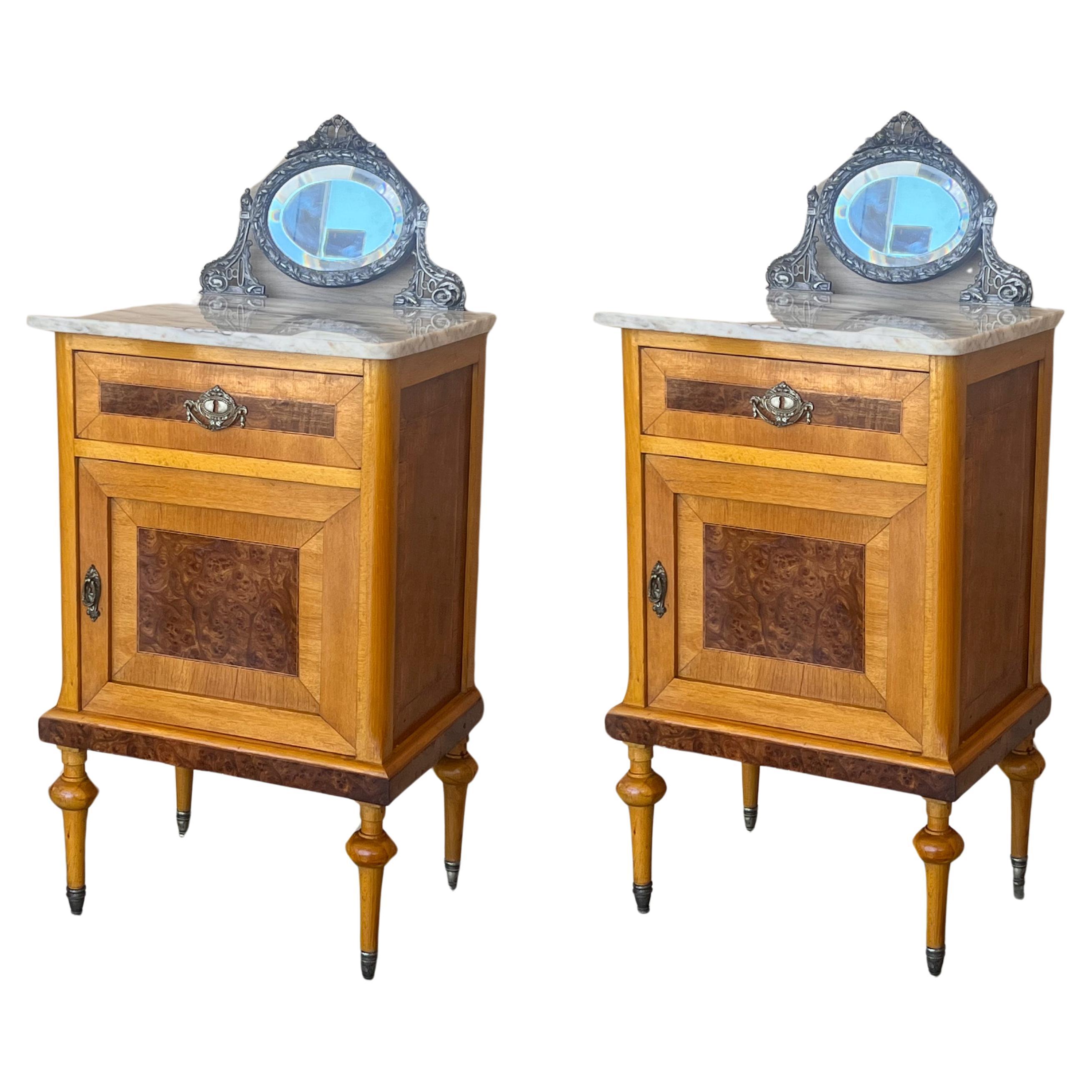 19th Louis XVI Style Pair of Marquetry Nightstands with Bronze & Mirror Crest For Sale