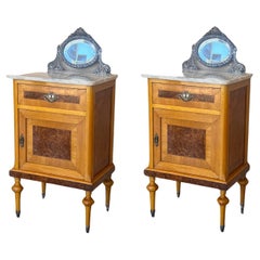 19th Louis XVI Style Pair of Marquetry Nightstands with Bronze & Mirror Crest