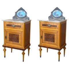 Antique 19th Louis XVI Style Pair of Marquetry Nightstands with Bronze & Mirror Crest