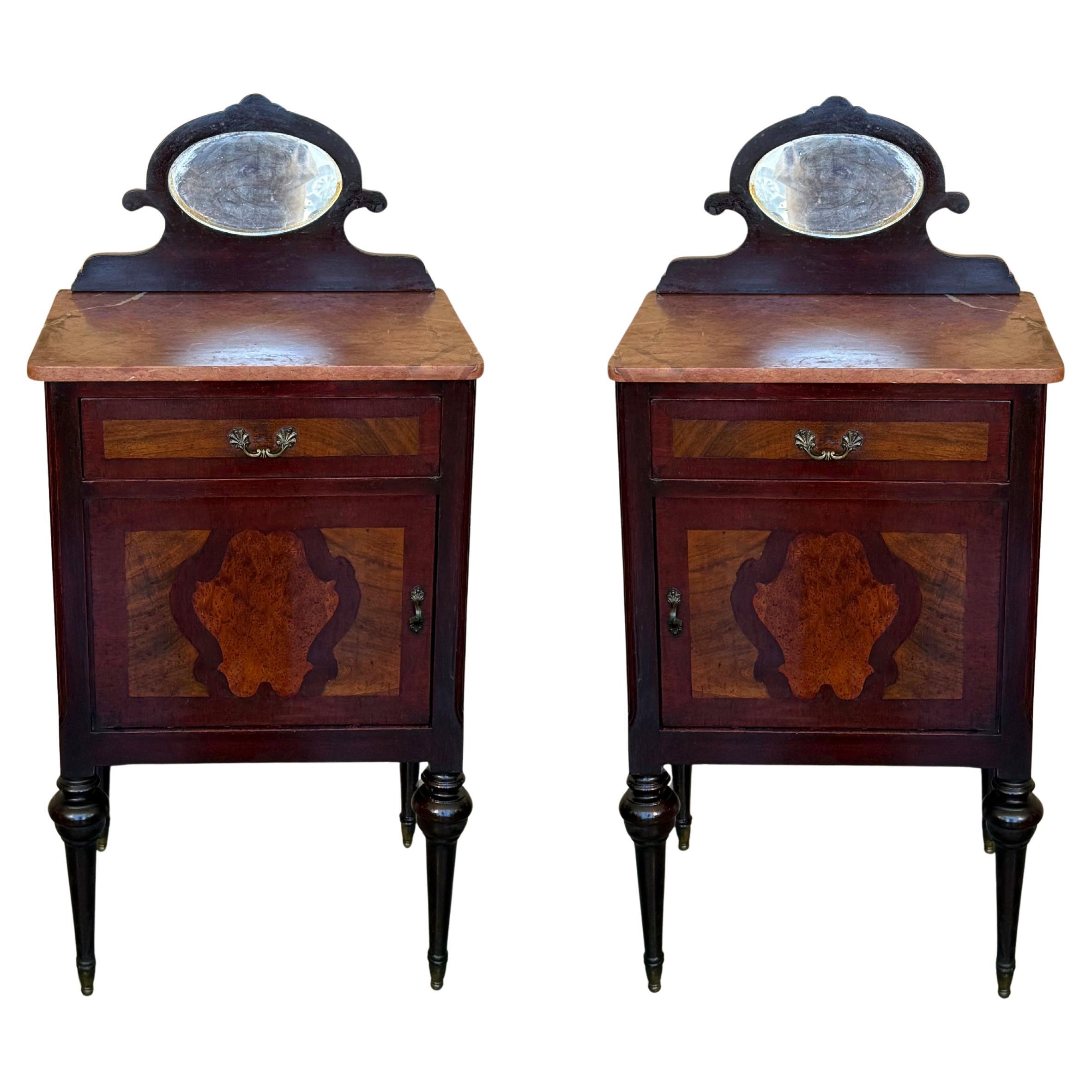 19th Louis XVI Style Pair of Marquetry Nightstands with Bronze & Mirror Crest