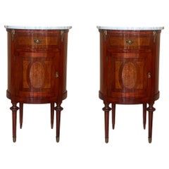 19th Louis XVI Style Pair of Marquetry Nightstands with Marble Top