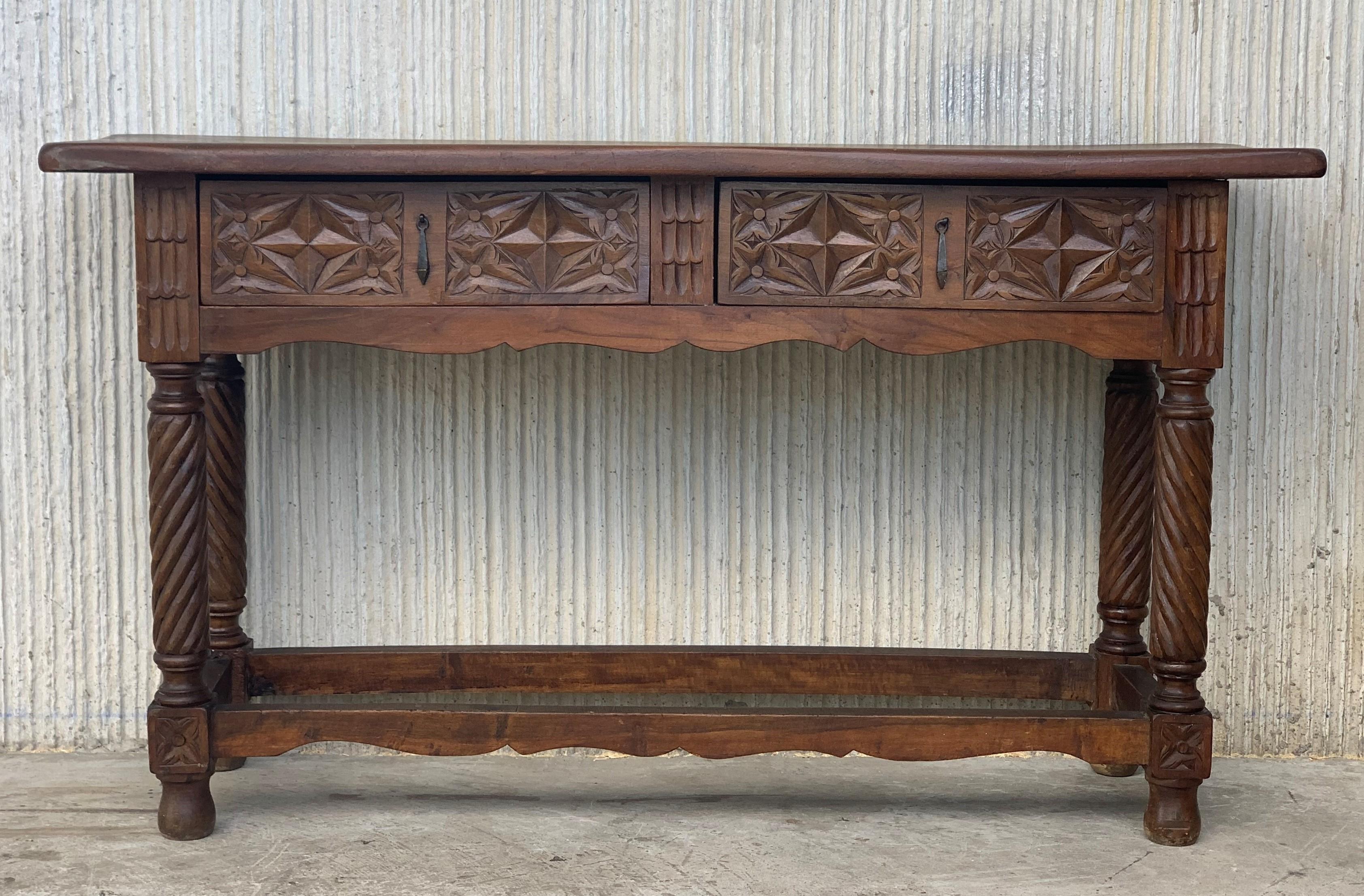 19th low Spanish console table with two drawers and solomonic legs.