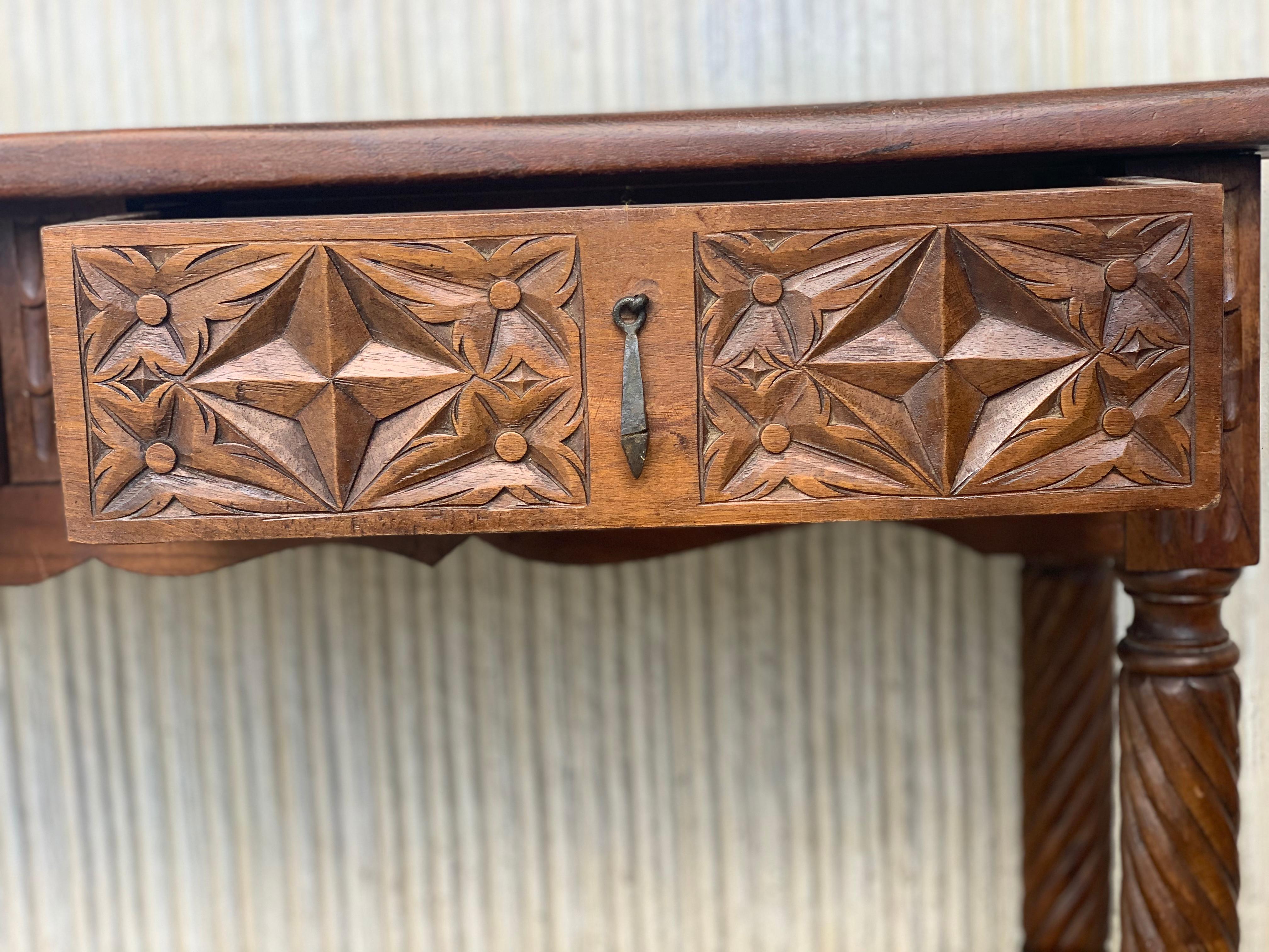 Spanish Colonial 19th Low Spanish Tuscan Console Table with Two Drawers and Solomonic Legs