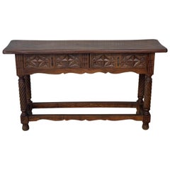 19th Low Spanish Tuscan Console Table with Two Drawers and Solomonic Legs