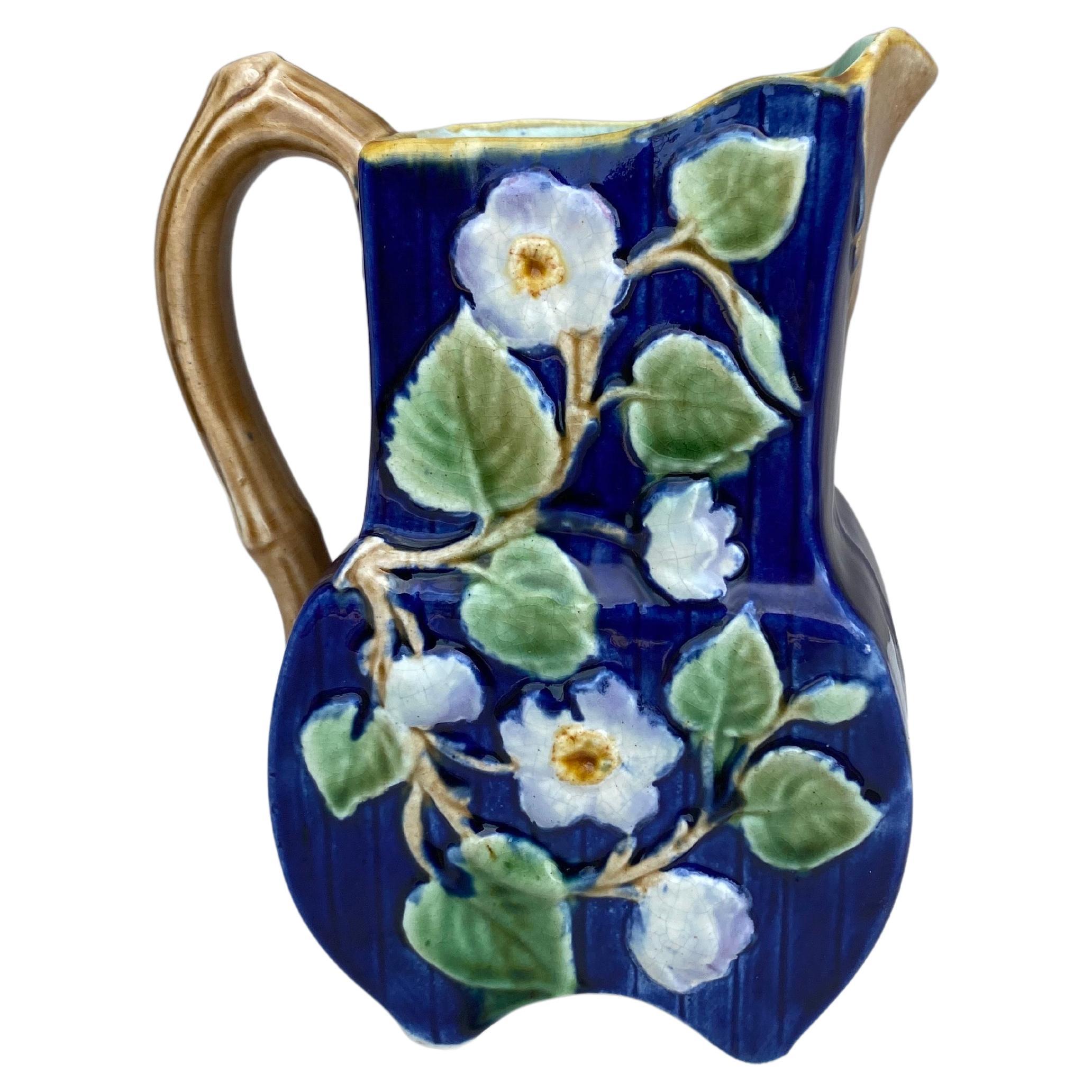 19th Century Majolica English Majolica White Flowers Pitcher For Sale