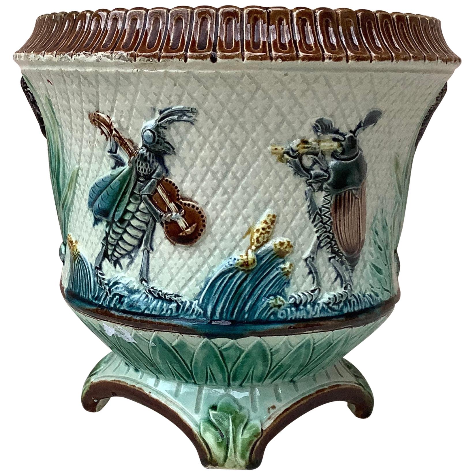 19th Century Majolica Insects Musicians Cache Pot