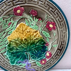 19th Century Majolica Leaves and Pink Flowers Plate Choisy Le Roi
