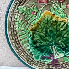 19th Century Majolica Leaves and Pink Flowers Plate Choisy Le Roi