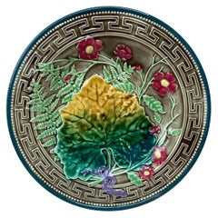 19th Majolica Leaves and Pink Flowers Plate Choisy Le Roi