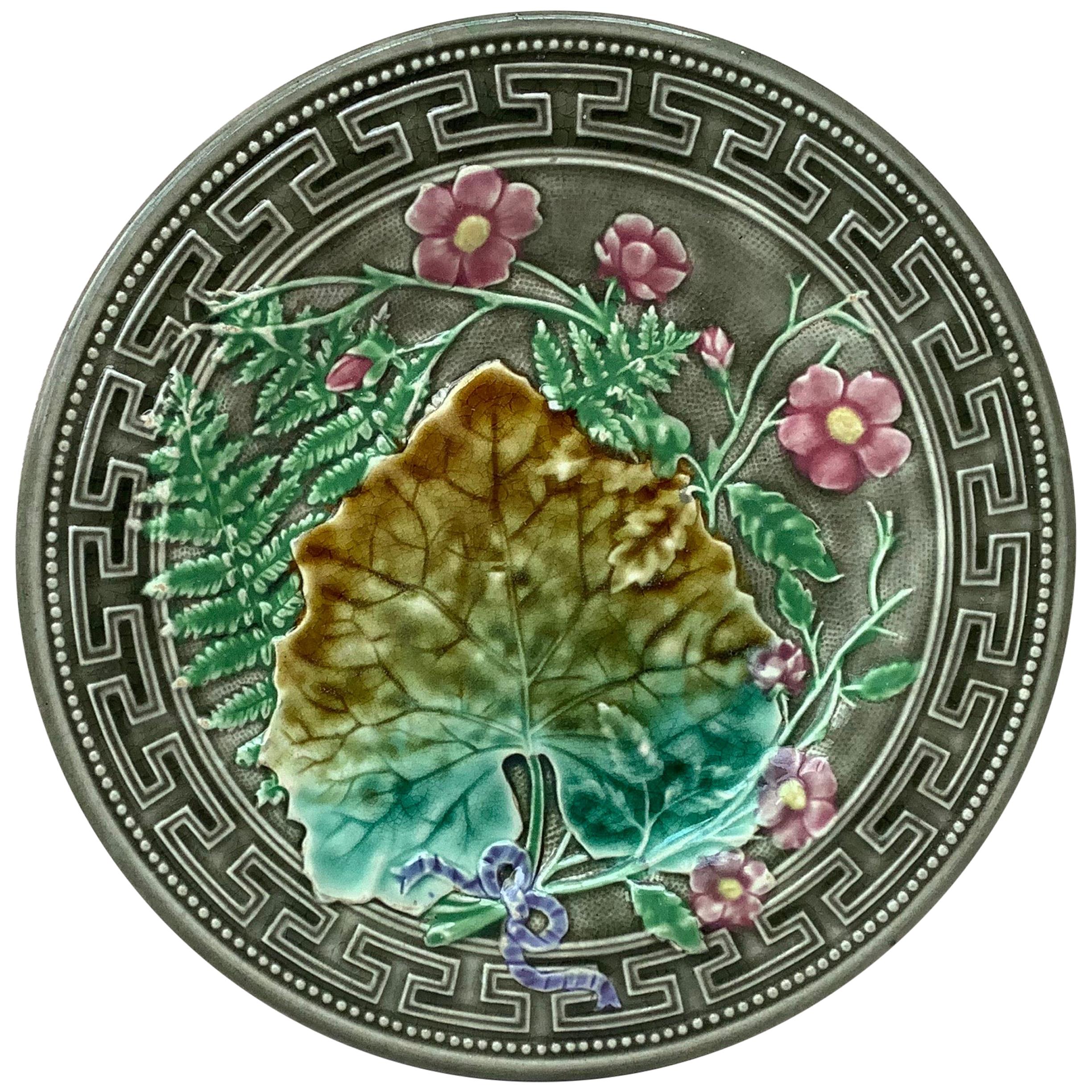 19th Majolica Leaves and Pink Flowers Plate Choisy-le-Roi For Sale