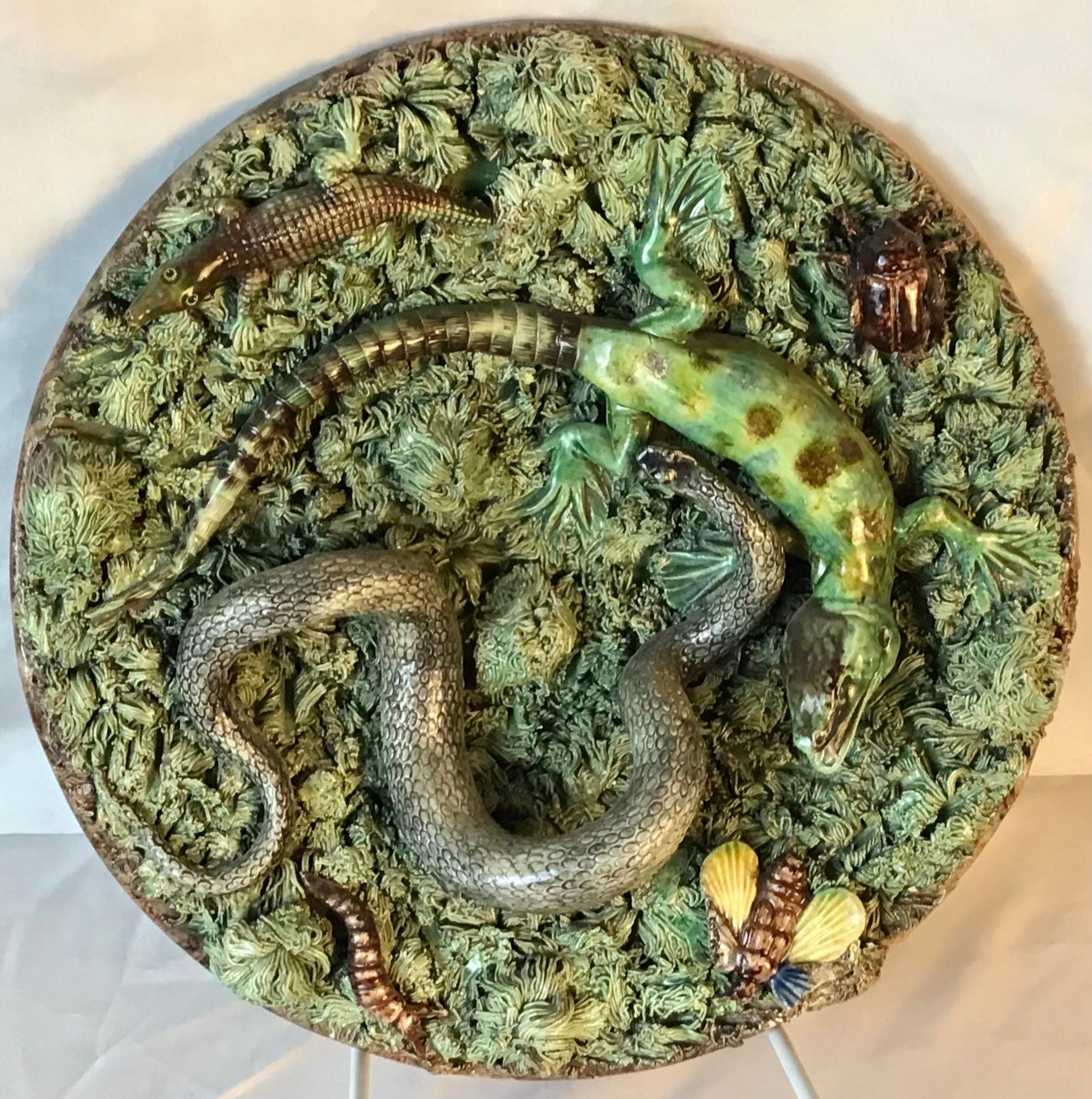 19th Majolica Palissy Snake and Lizard Wall Platter Jose Alves Cunha For Sale 3