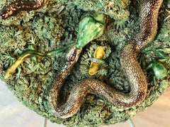 19th Majolica Palissy Snake and Lizard Wall Platter Jose Alves Cunha
