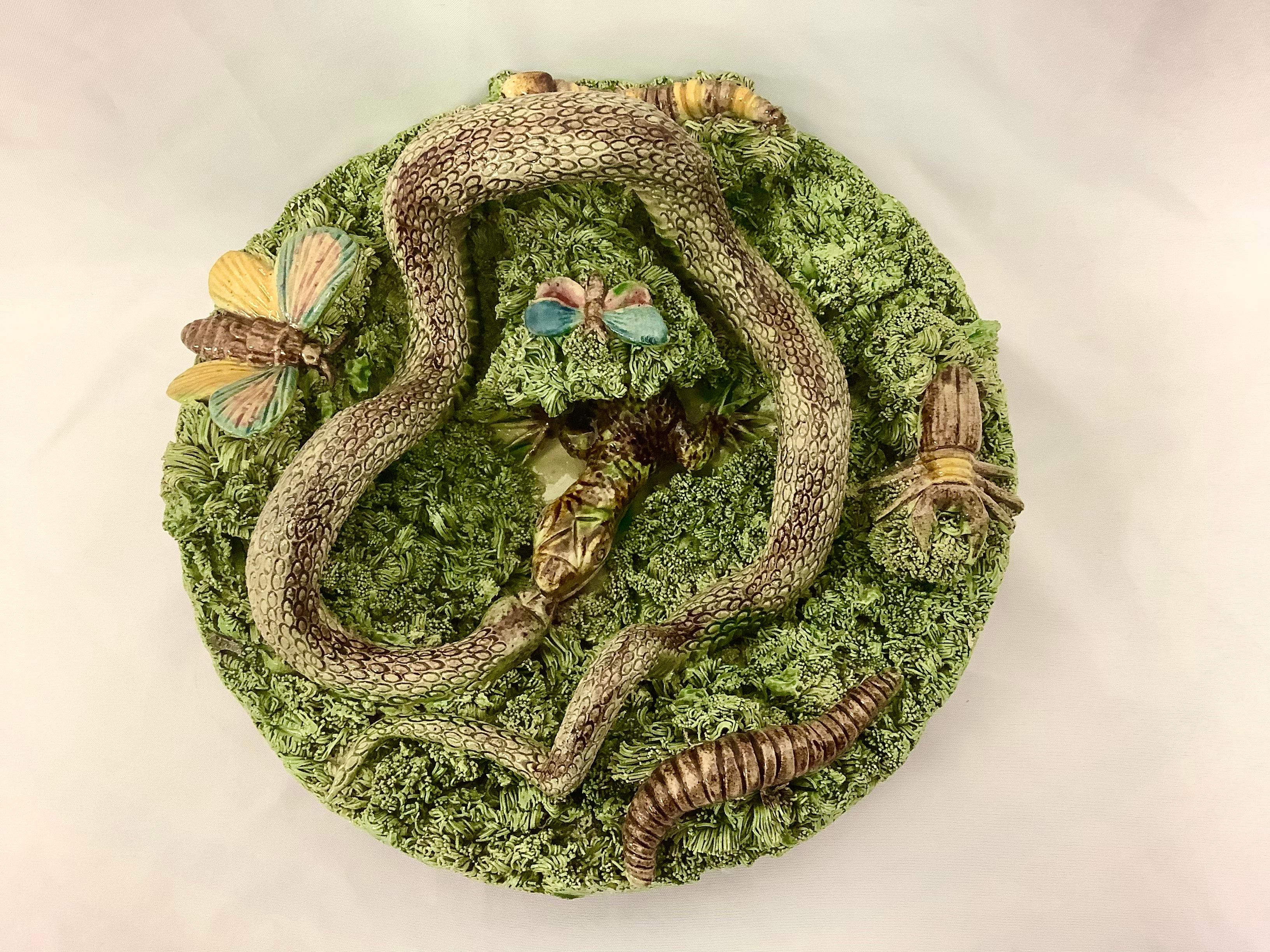Assiette de style Palissy en majolique portugaise du 19e siècle avec un grand serpent et un grand lézard fouillant dans une touffe de mousse, signée Jose Alves Cunha (Caldas da Rainha) avec un serpent, un ver, une chenille, un papillon, une