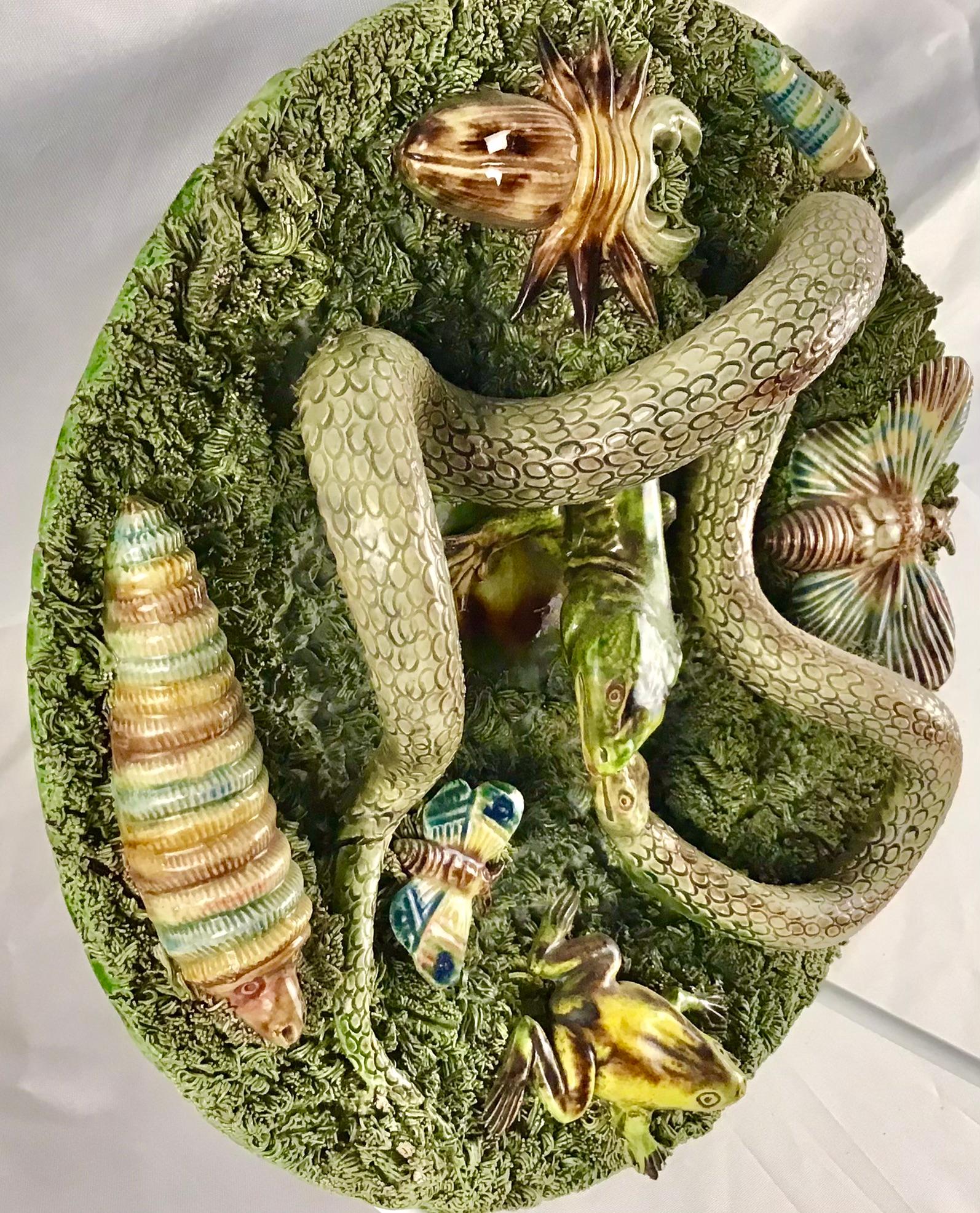 Rustic 19th Majolica Palissy Snake and Lizard Wall Platter Jose Alves Cunha For Sale