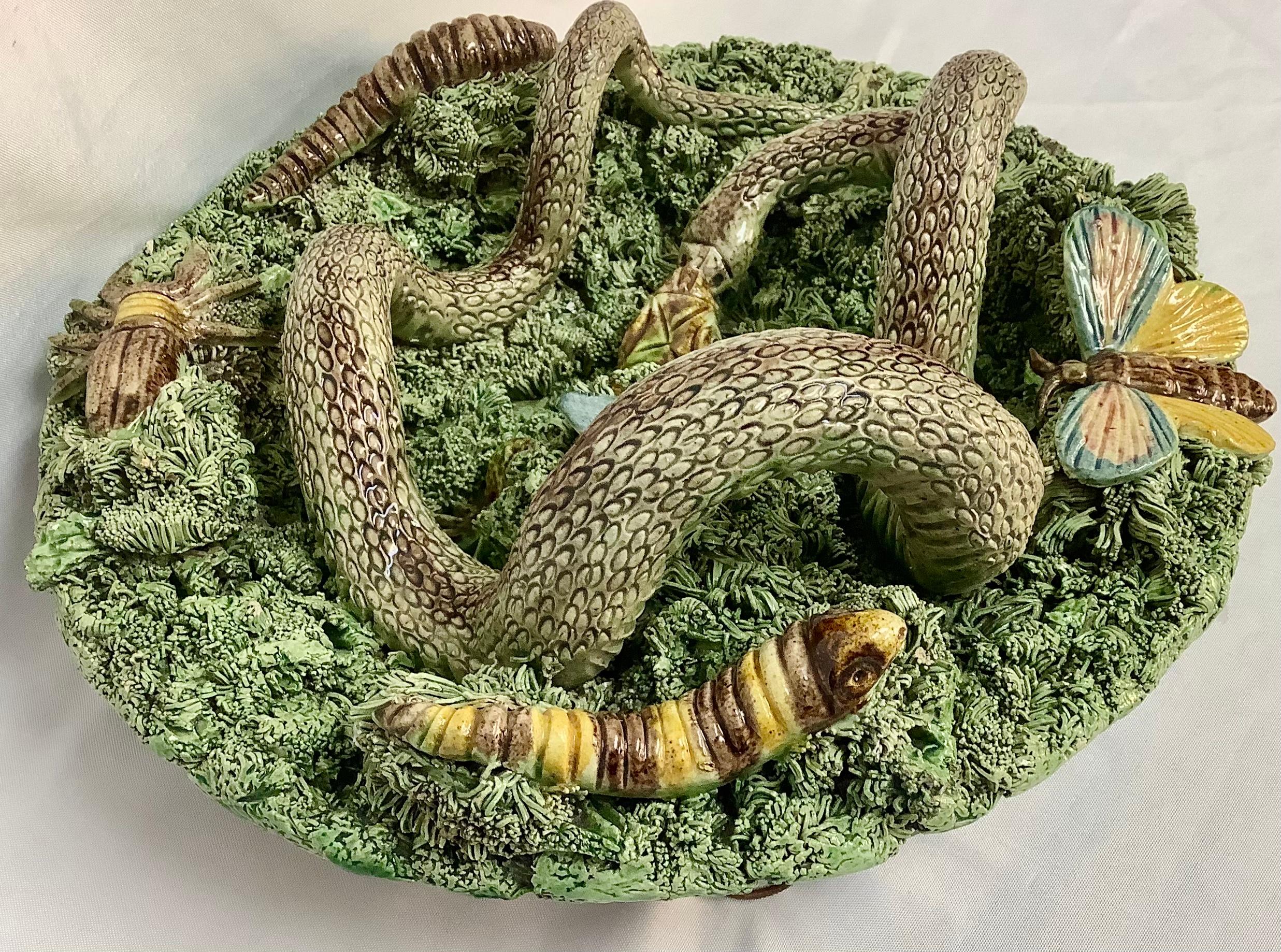 Portuguese 19th Majolica Palissy Snake and Lizard Wall Platter Jose Alves Cunha For Sale