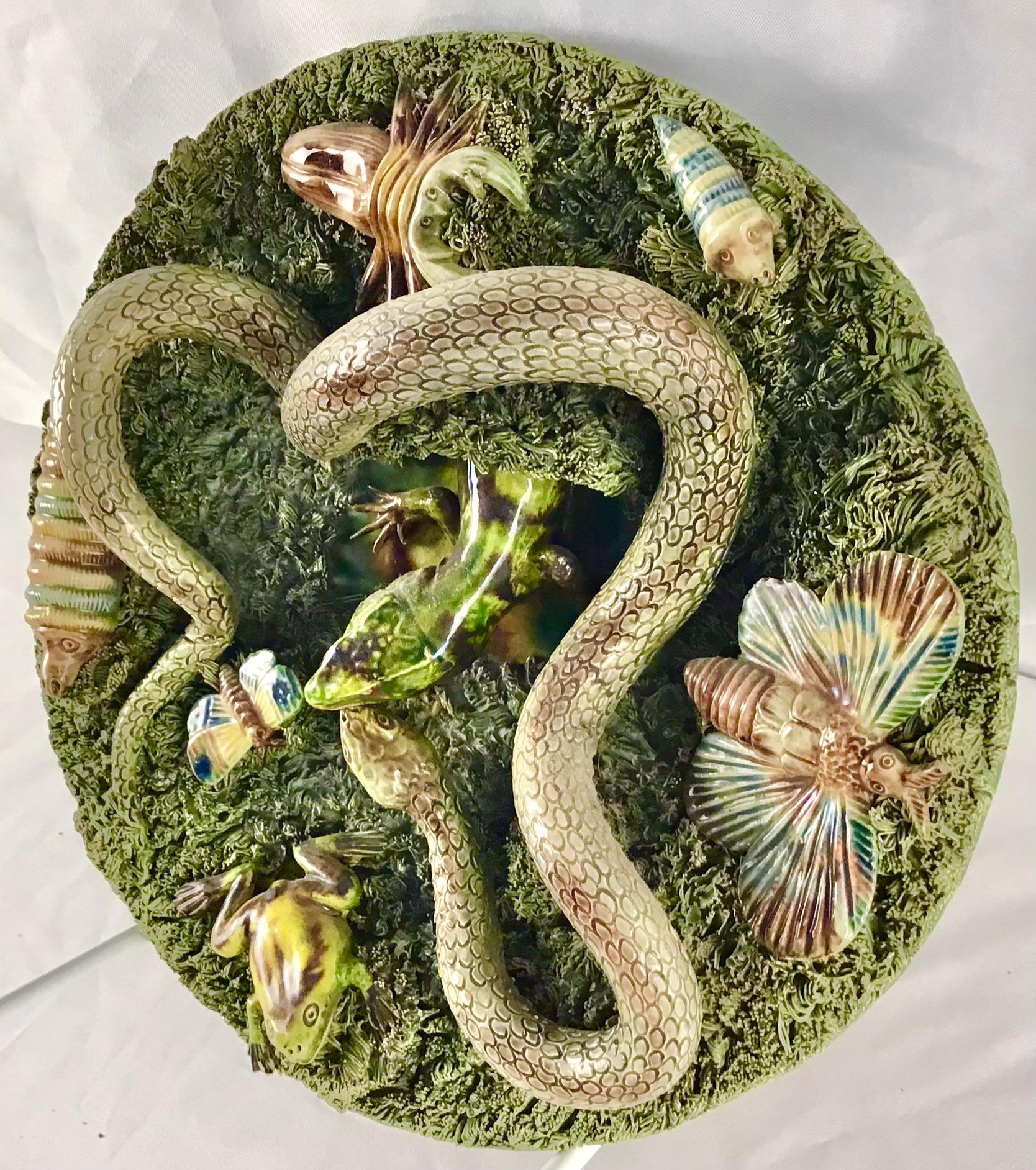 Portuguese 19th Majolica Palissy Snake and Lizard Wall Platter Jose Alves Cunha For Sale