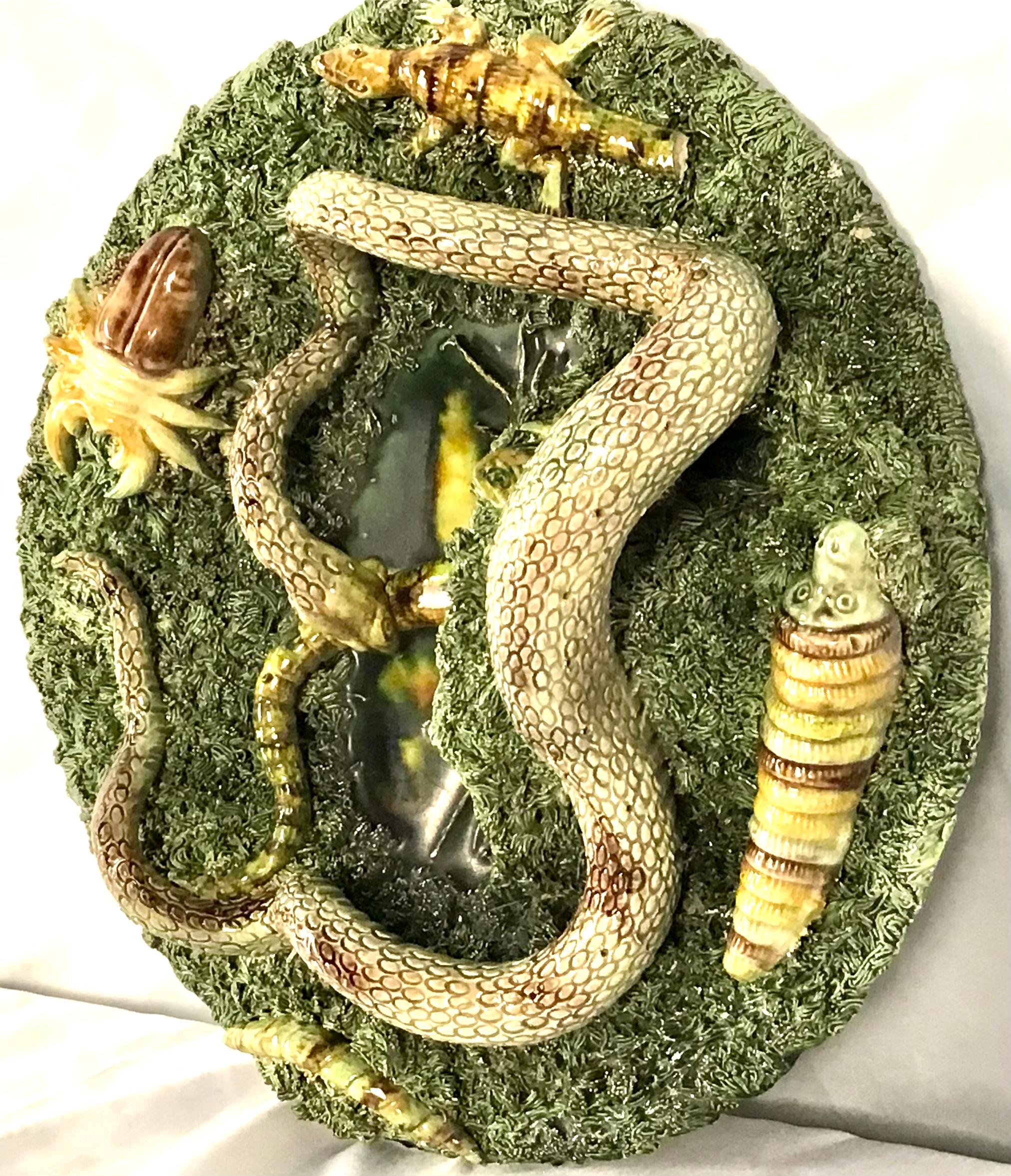 19th Century 19th Majolica Palissy Snake and Lizard Wall Platter Jose Alves Cunha For Sale